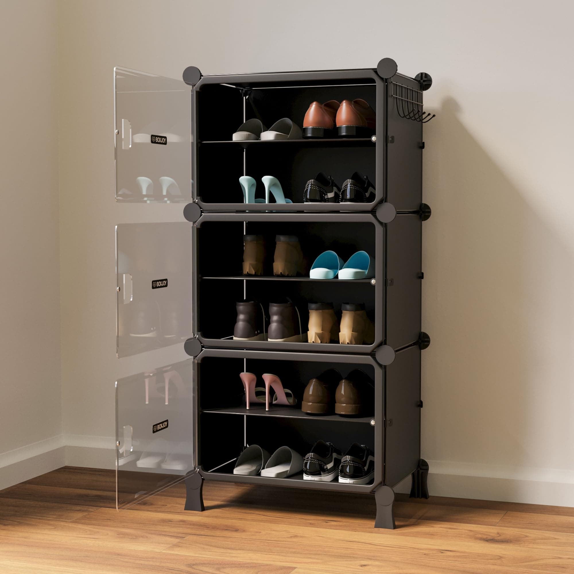 BOXJOY 6 Shelf Black Shoe Rack with 3 Transparent Doors & Steel Holder | Hard PET Plastic Door with Metal Frame & Wooden Hammer, Home Shoes Stand Organiser with Feet to Cover Sandals Slipper Chappal