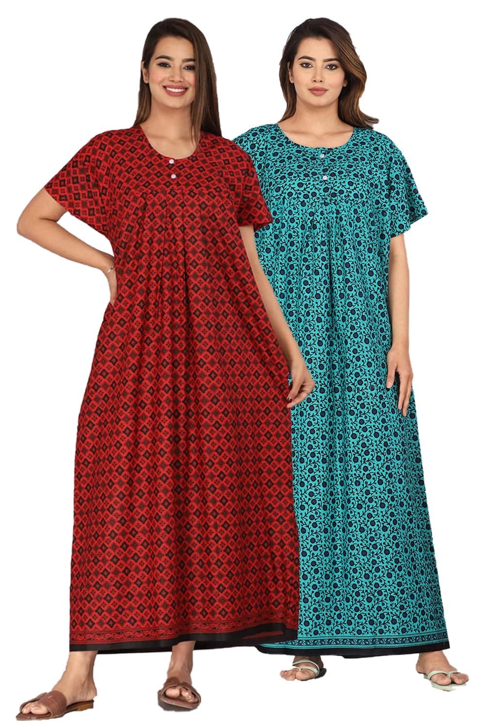 Kuruti B Sheets Nighty for Women Cotton Combo (Pack of 2) Nighty Gown Round Neck Short Sleeves Jaipuri Maxi Gown Printed Free Size