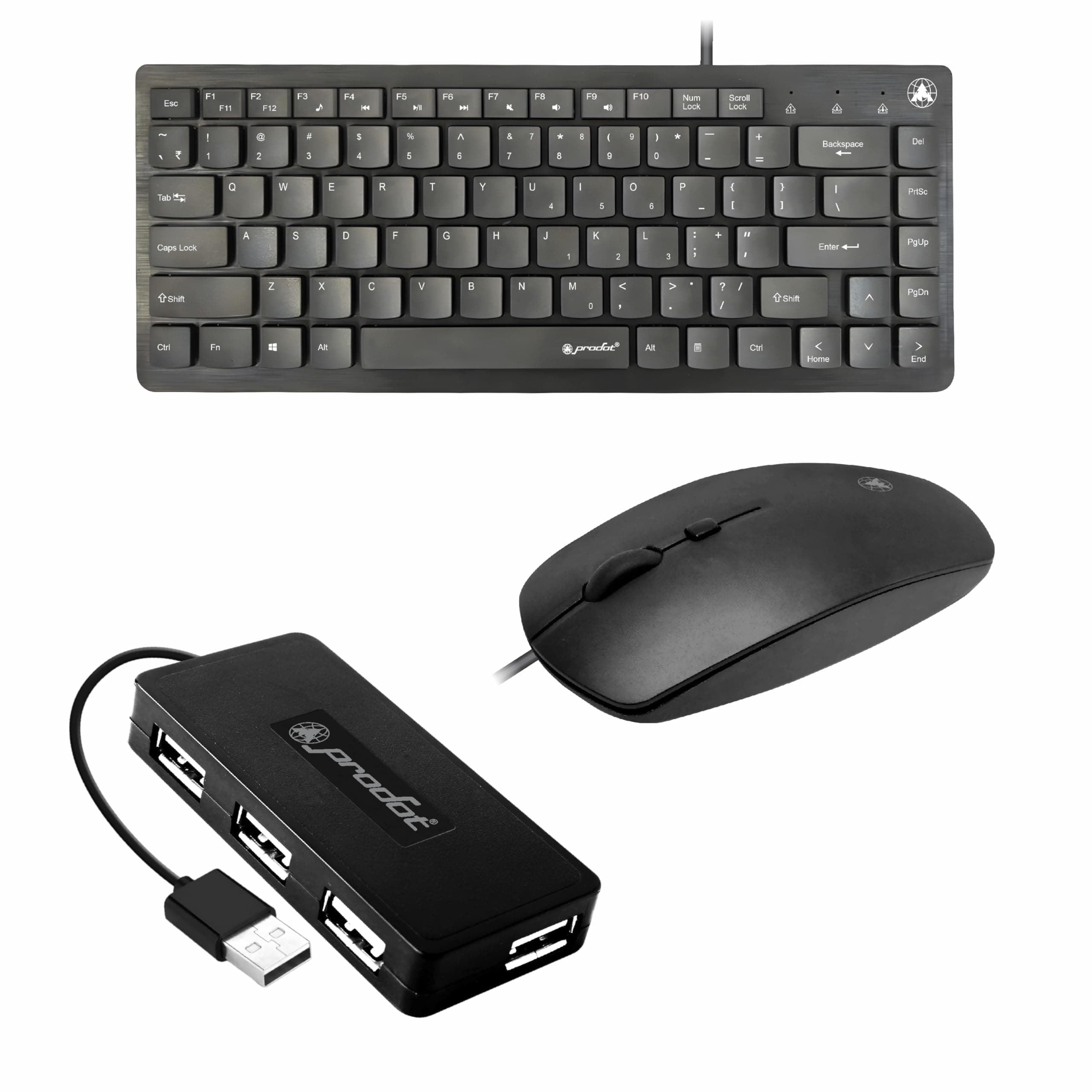 Prodot Set of 3 High-Performance Chicklet Key Mini (Small) Keyboard Mouse Combo with USB HUB for Computer, Laptop, PC