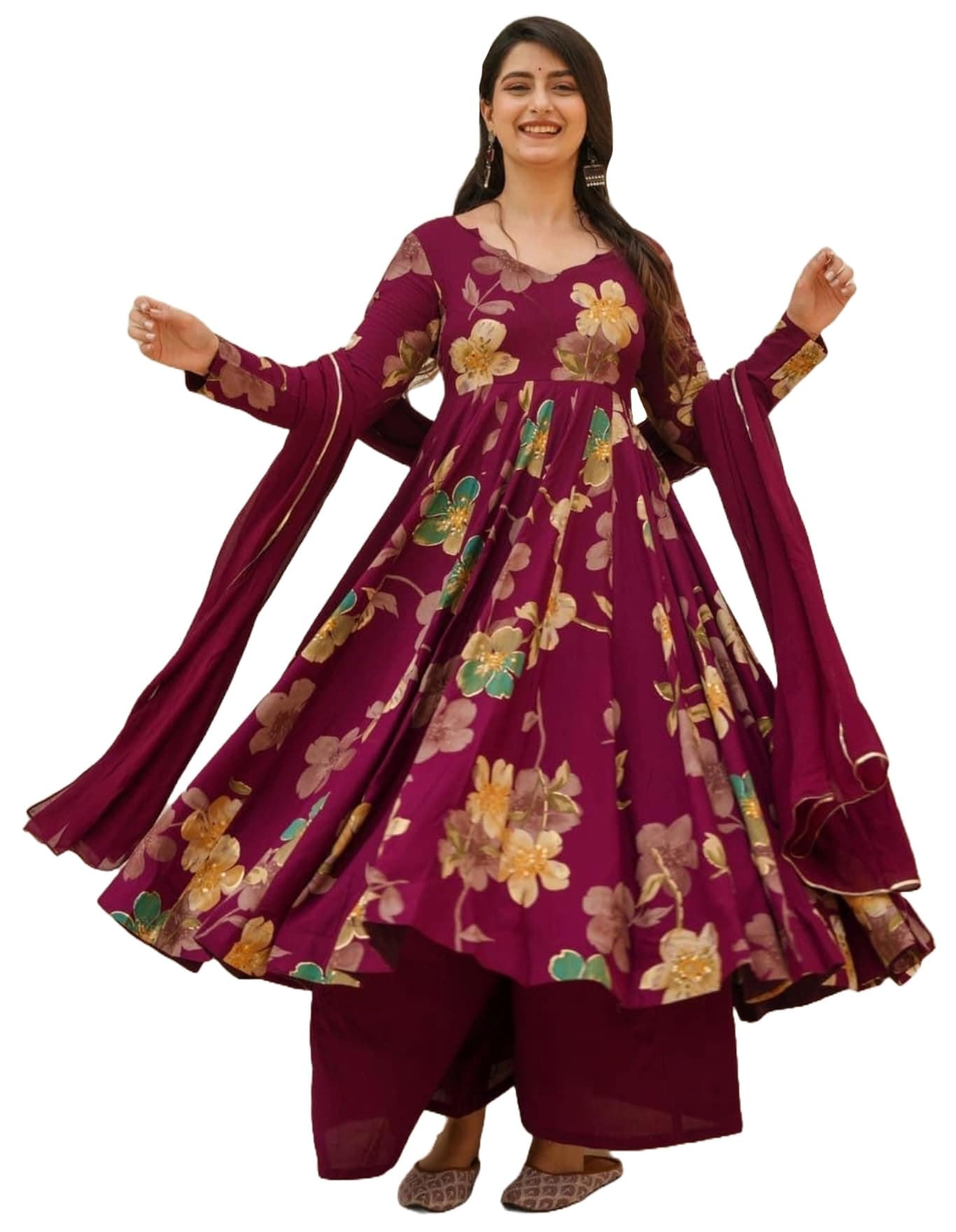 ANNI Designer Women's Anarkali Kurti Palazzo Dupatta Set | Wine Color Ethnic Dress for Women | Cotton Blend Floral Print Suit Set | Festival Kurta Plazzo Dupatta Set | Stylish Kurti Set