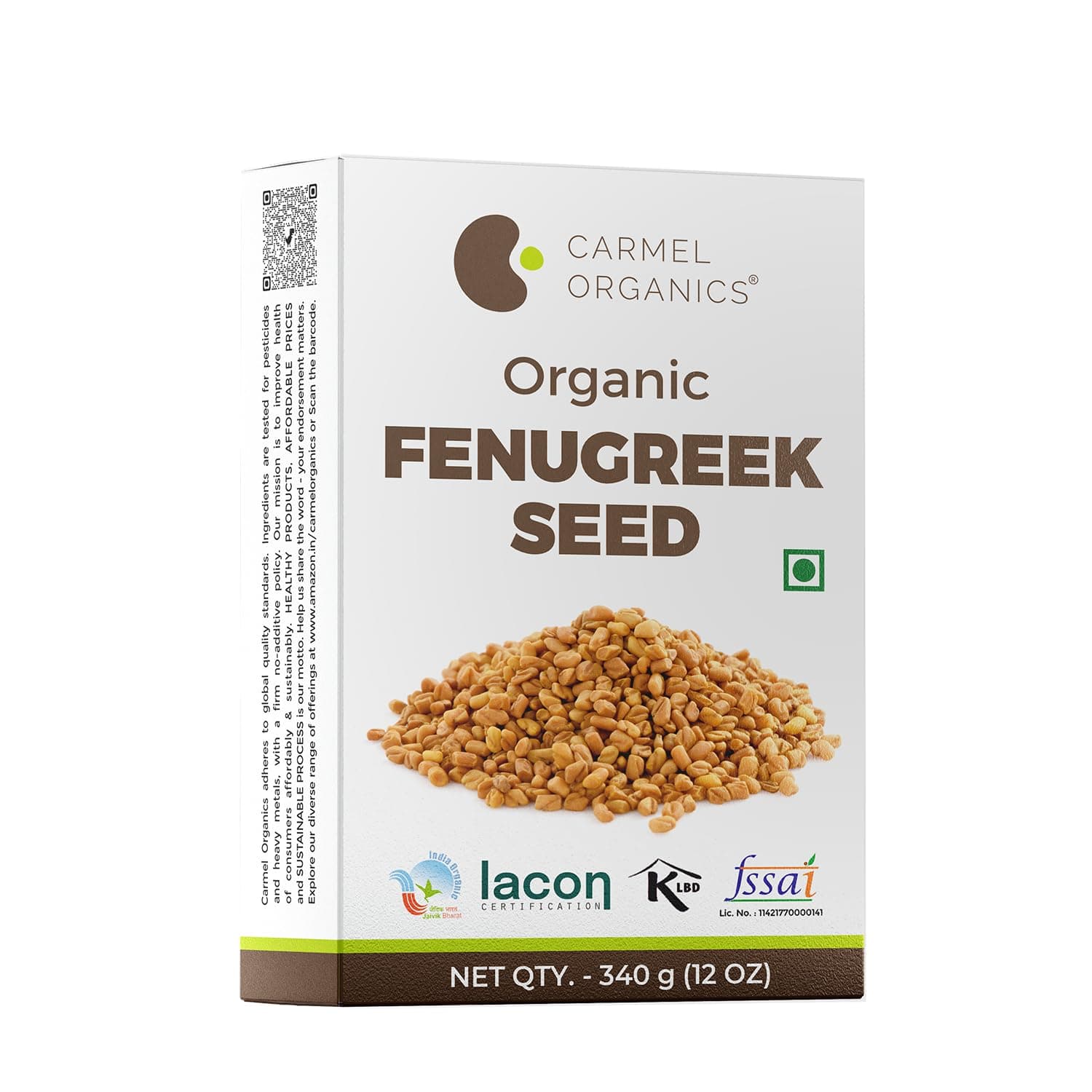CARMEL ORGANICS Fenugreek Seed/Methi Seeds Whole 340 Grams | Hair Growth & Health Care, Trigonella Foenum-Graecum, Jaivik Bharat Certified, Menthya, Venthayam, Menthulu