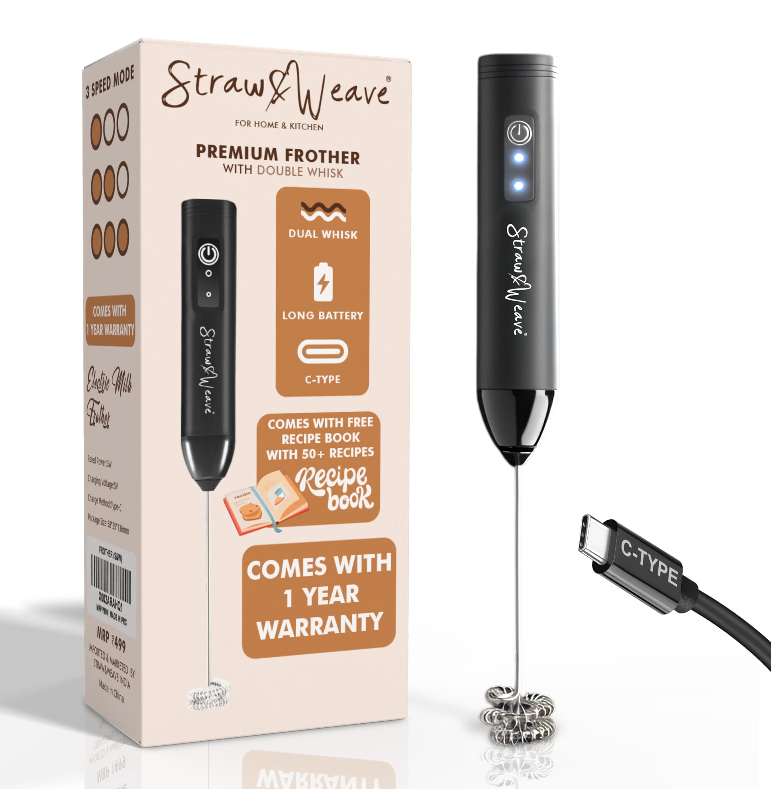 Coffee Frother Electric with Double Whisk | C Type Rechargeable Coffee Maker Machine for Home | 1 Year Warranty | Free Coffee Blender Recipe Book | Big Battery 1 Charge = 15 Days Use