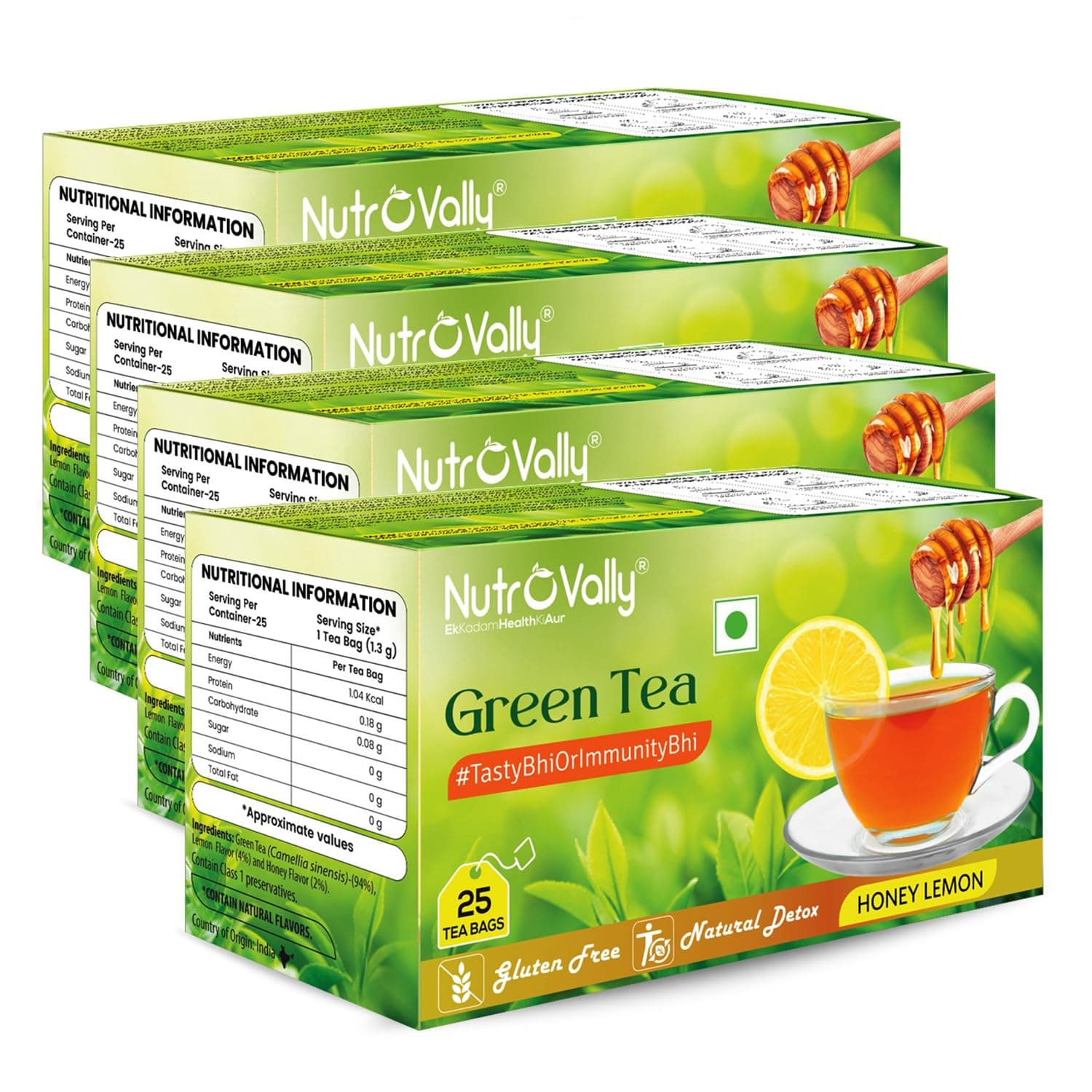 Nutrovally Green Tea |Honey Lemon Flavor| Helps increase Metabolism | Weight Management| lemon tea |Green Tea |25 Tea Bags |Pack of 4 |5X Antioxidants|Honey Lemon tea|Natural and fresh |Tea Bags