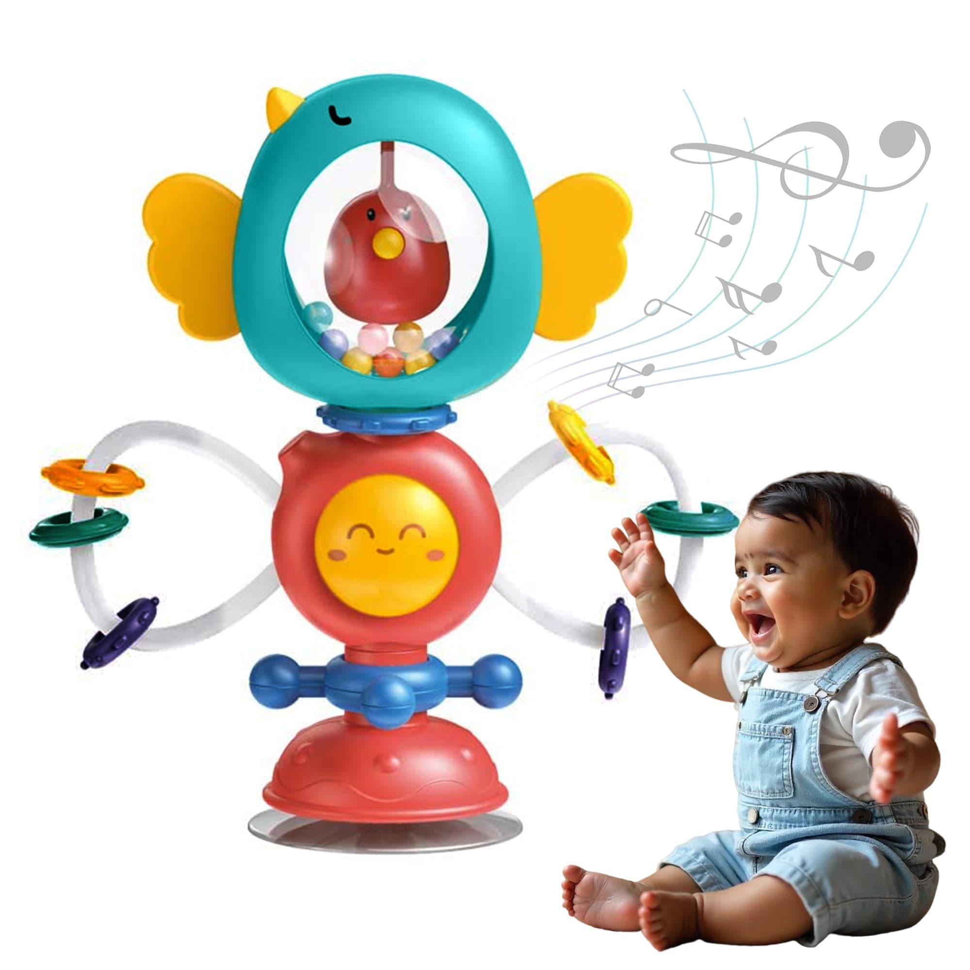 Kidology Sensory Rattle Teether for Babies 3-12 Months | Builds Fine Motor Skills & Sensory Development | Musical Spinning Toy with Suction Base BPA-Free | Teething Gift for Boys & Girls
