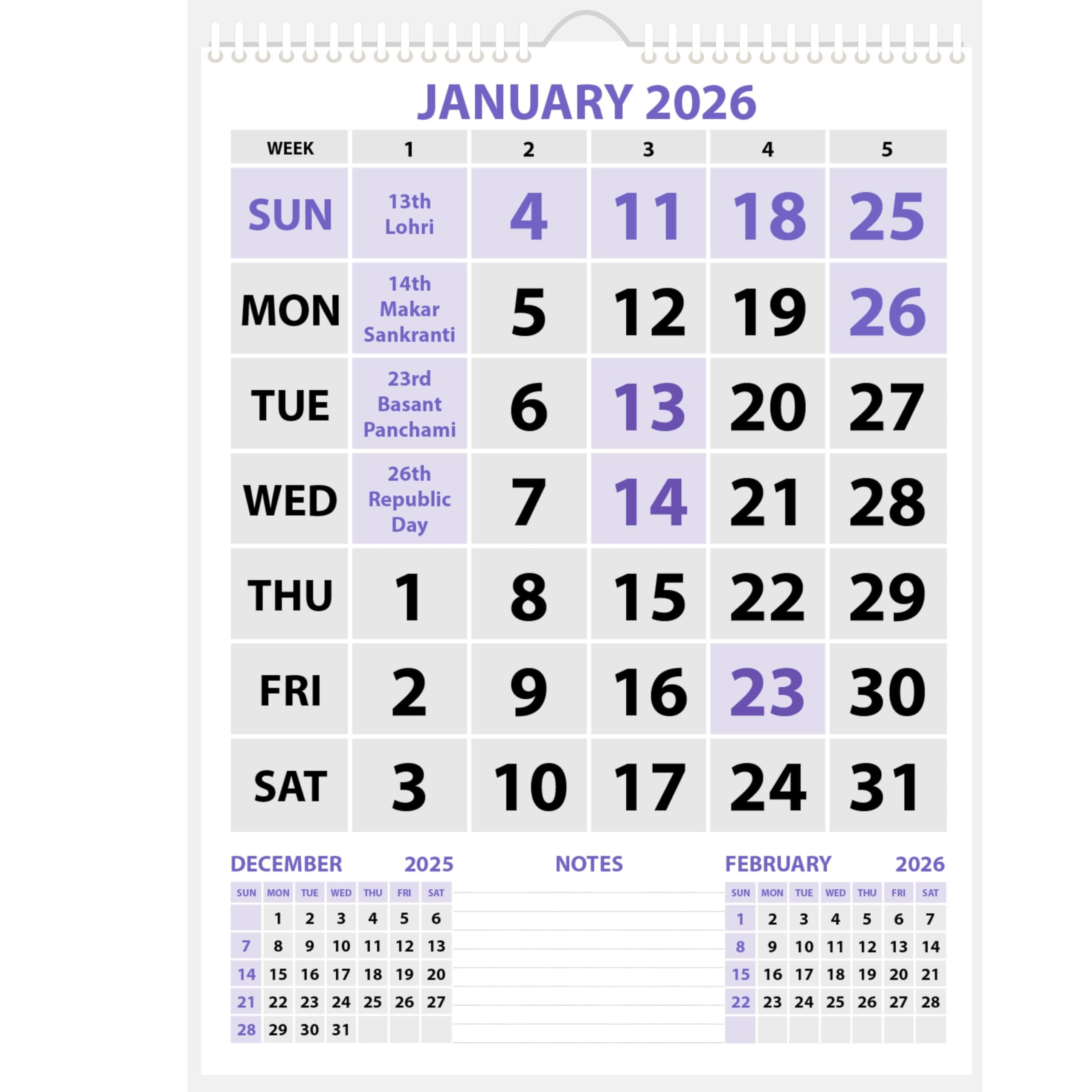 LAURET BLANC 2026 Wall Calendar -14.75" X 20" for Home & Office, Holidays Mentioned, 150GSM Art Paper, (I)