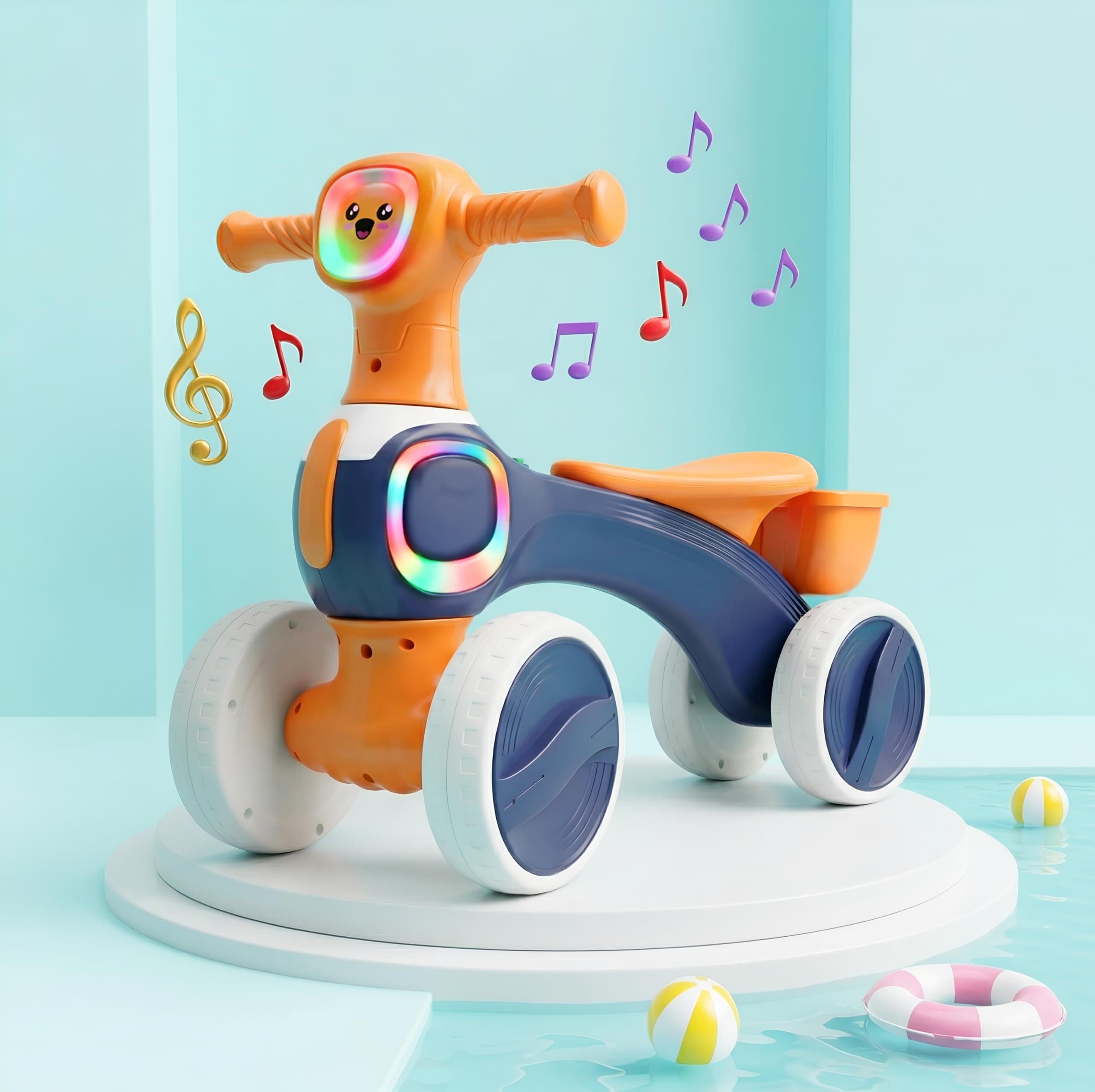 Kidsmate Tiny Glide Baby Push Ride On Toy with Music & Lights | Storage Basket, 4-Wheel Stable Design for Balance, Coordination & Active Growth | Perfect Toddler Mini Bike for 1-4 Yrs - Blue Orange