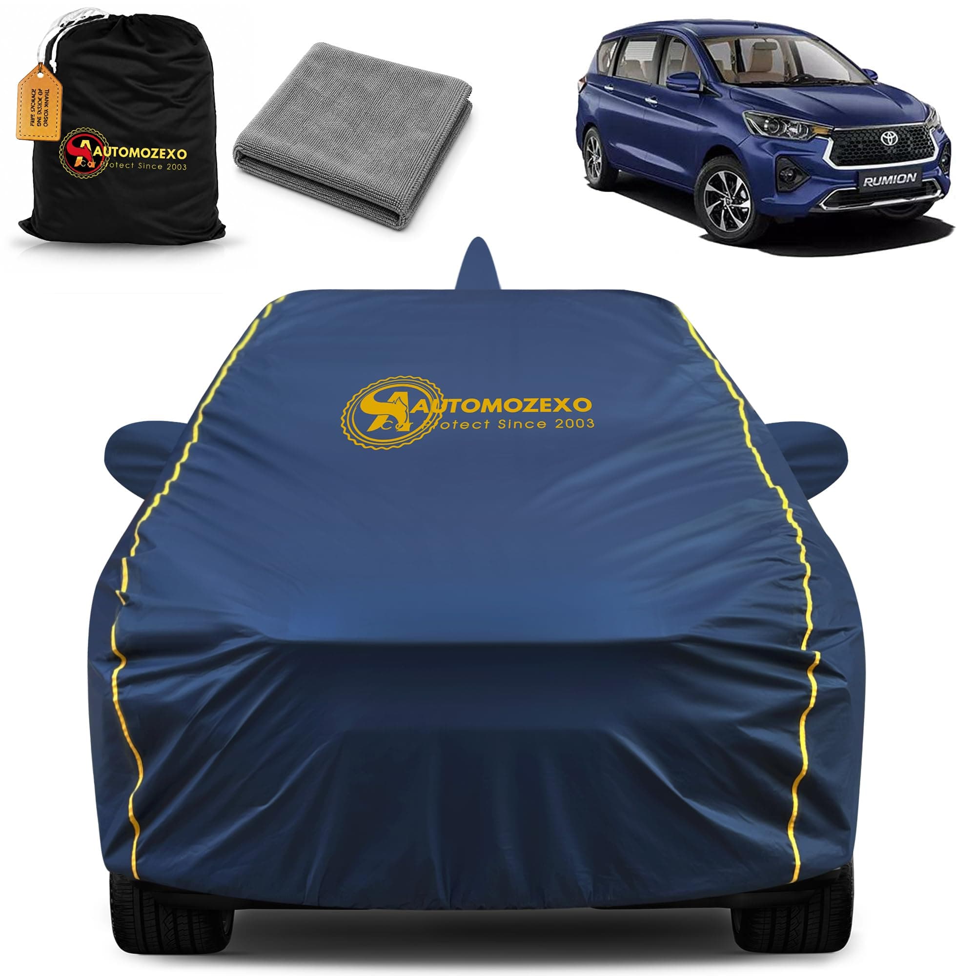AUTOMOZEXO® Toyota Rumion 100% Waterproof Car Cover (Midnight Blue) 6LYR HDPE 200gsm Strong Fabric for All Weather Protection, Mirror & Antenna Pocket, Cotton Layer Cover, Adjustable Elastic Straps