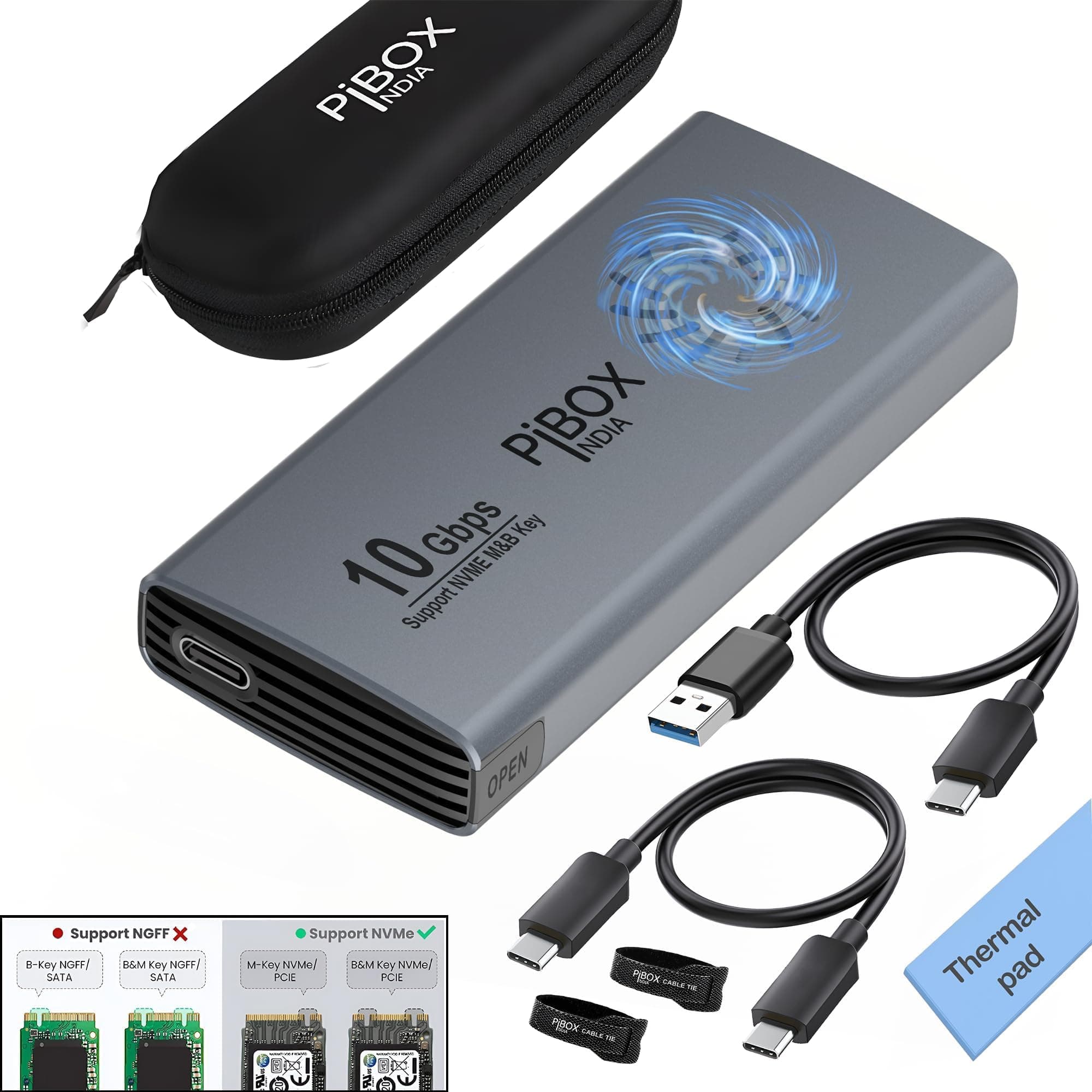 PiBOX India NVME M2 Enclosure Fan, SSD Enclosure - USB 3.2 10Gbps, Tool-Free M.2 NVMe Case, PCI-E NVMe Reader, USB-C, Supports M & B&M Keys, 2230/2242