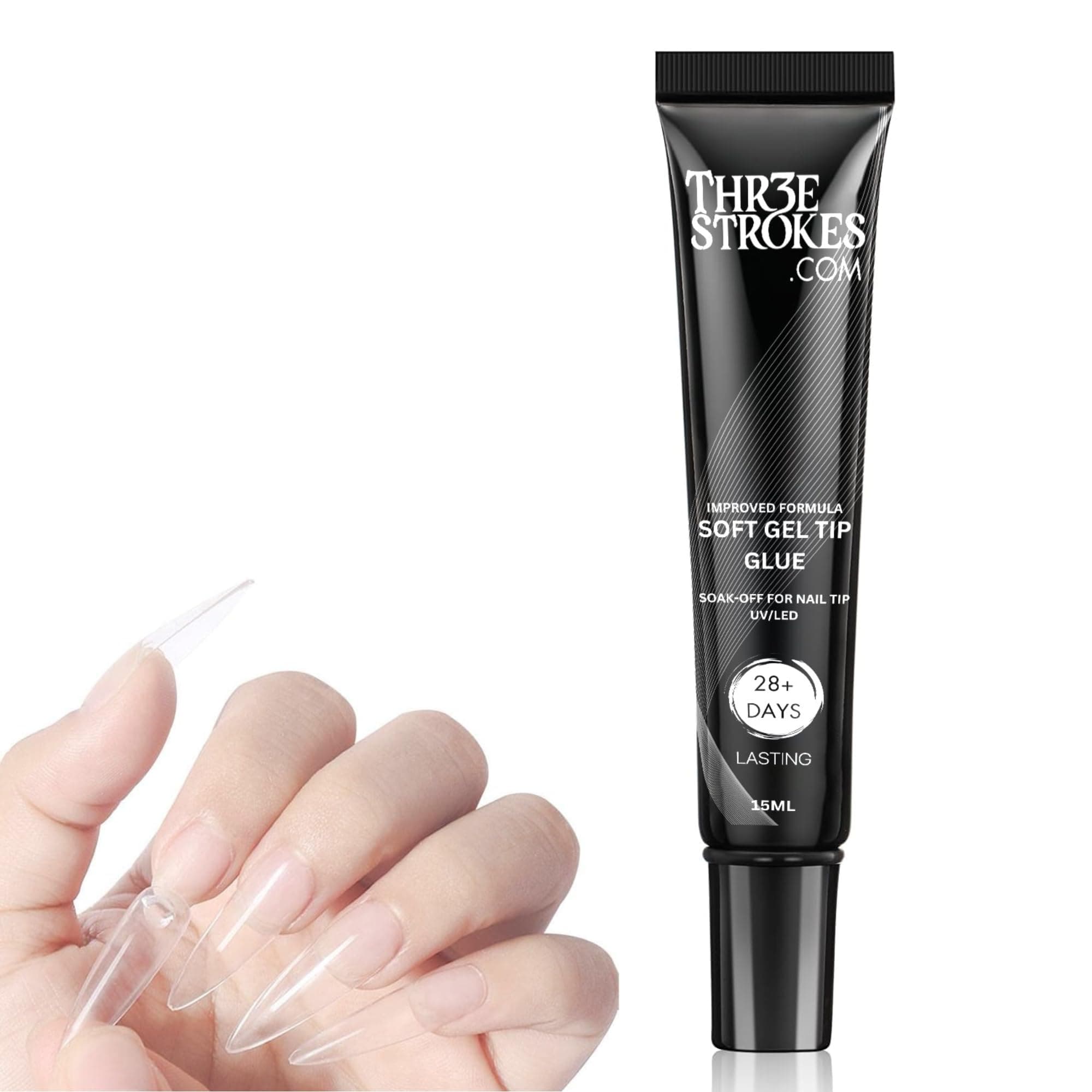 THR3E STROKES Upgrade 3 in 1 NailGlueGel for False NailTips, 20g Super Strong Nail GelGlue for NailExtension SoftGel NailTips and 3D NailArt RhinestoneGlue Soak Off UV NailGel Long Lasting