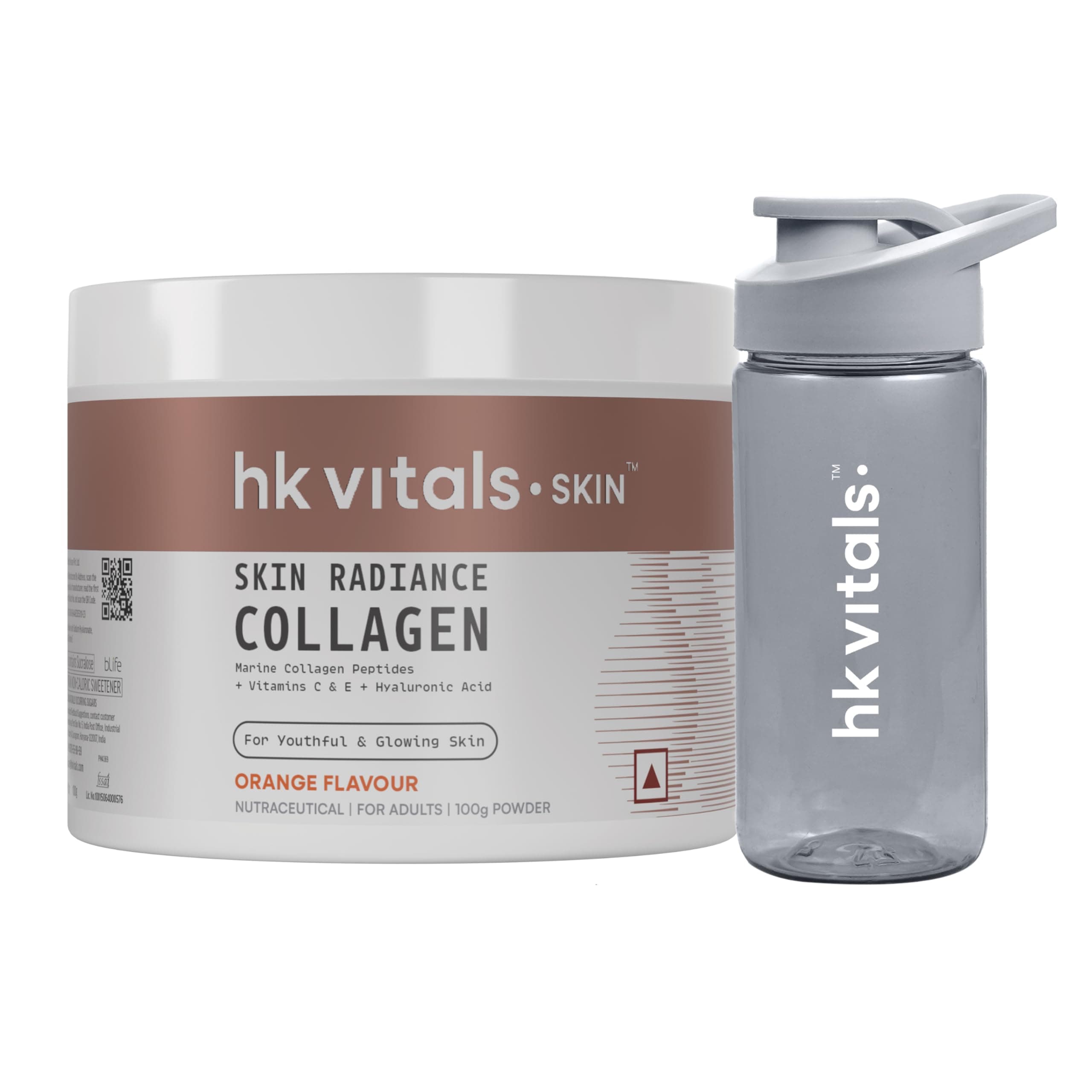 hk vitals Marine Collagen Supplement (Orange, 100g) & Sipper Bottle (Grey, 300ml) | Combo Pack
