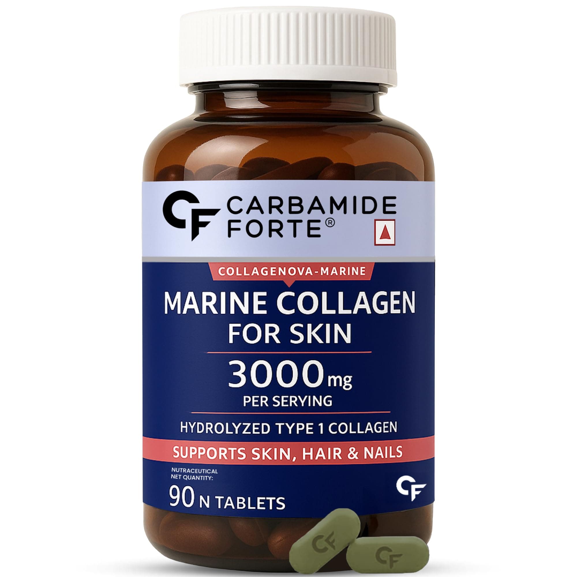 Carbamide Forte Marine Collagen Supplements For Skin | Marine Collagen Tablets For Women & Men | Type 1 Hydrolyzed Peptides To Support Skin, Hair & Nails - 90 Tablets