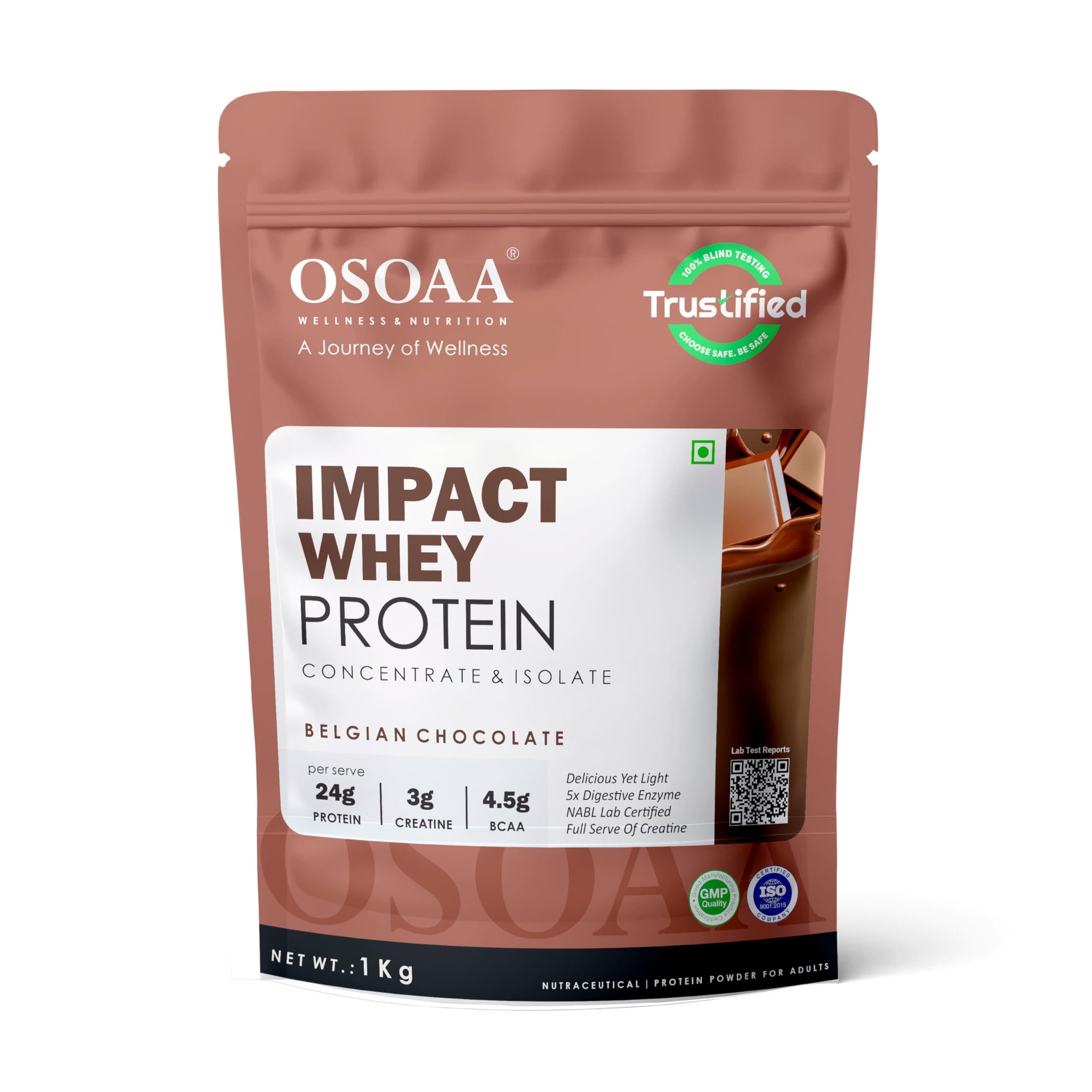 OSOAA Impact Whey Protein 1kg- Belgian Chocolate | Isolate & Concentrate | 24g Protein & 3g Creatine with 5X Digestive Enzymes | Trustified Certified & NABL Lab Tested
