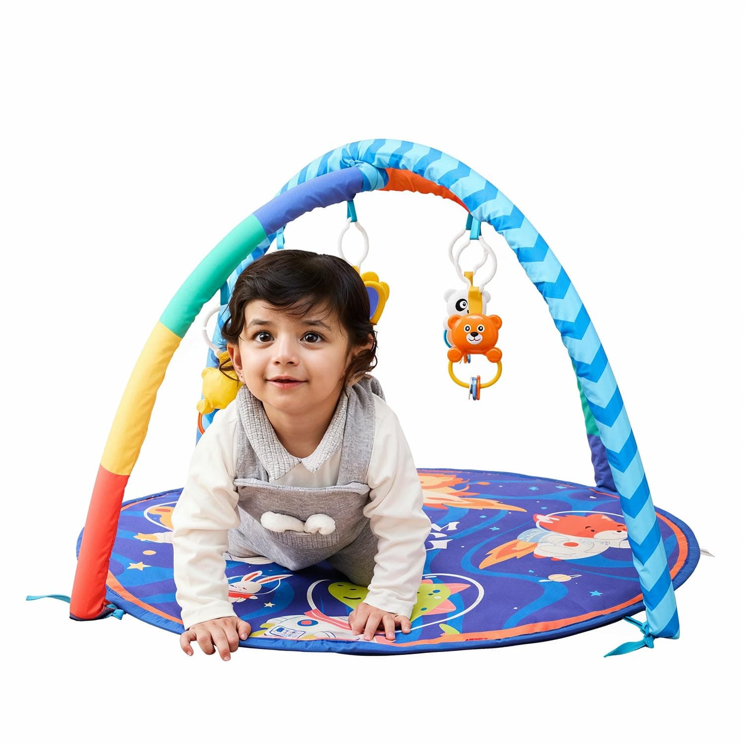 Amazon Brand - Supples Baby Play Gym Mat | Activity Play Gym with Hanging Toys | 2-in-1 Baby Mat for 2+ Months | Astronaut Print | Multicolor | Soft Baby Bedding