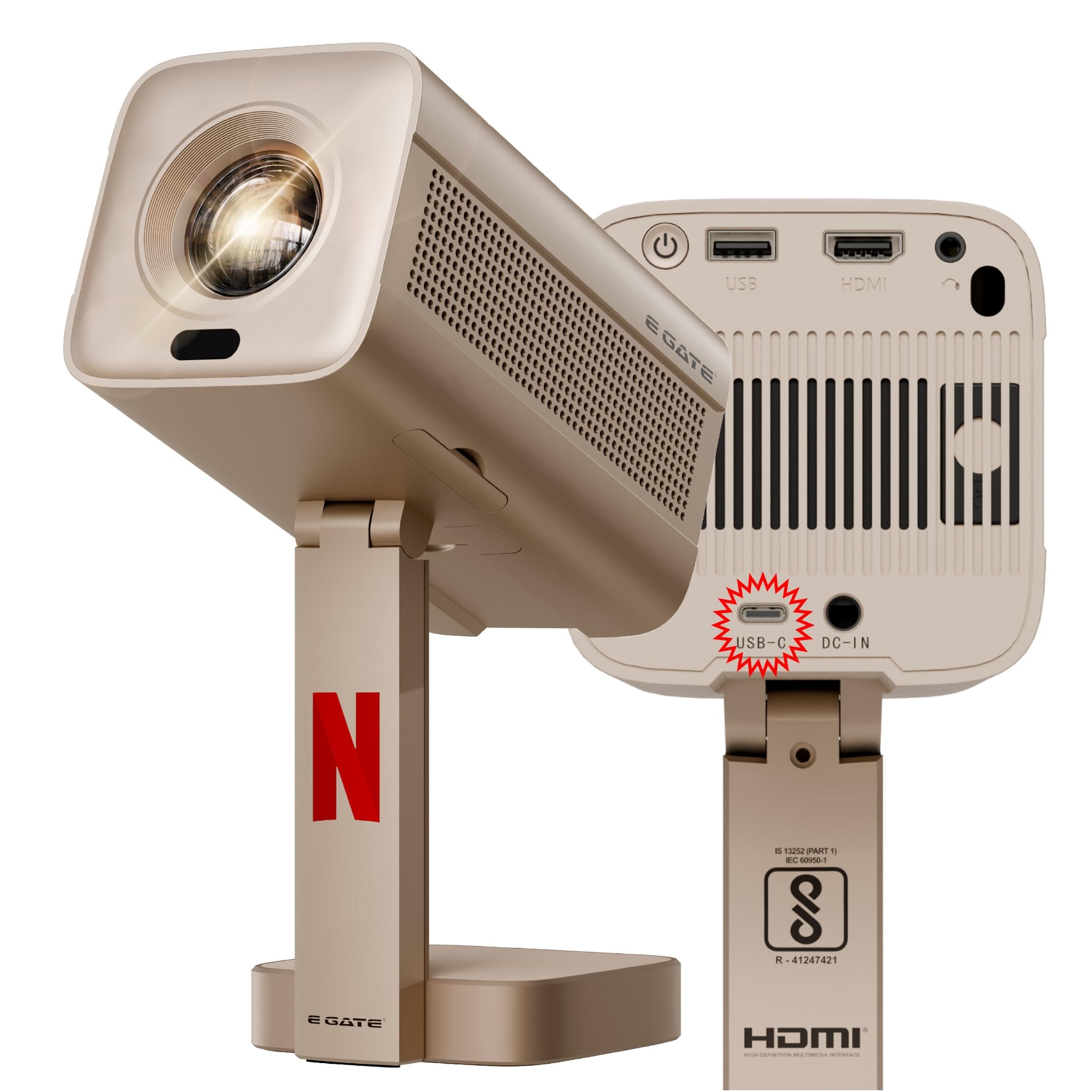 E Gate Atom 7X, C-Type USB, Fully Automatic Projector 4k Ultra HD | Brightest 700 ISO | Native 1080p | Android 12, Netflix, Prime, LiveTV (100+ Free Channels) | USB-HDMI ARC+CEC | HDR+HLG+WiFi6, Egate