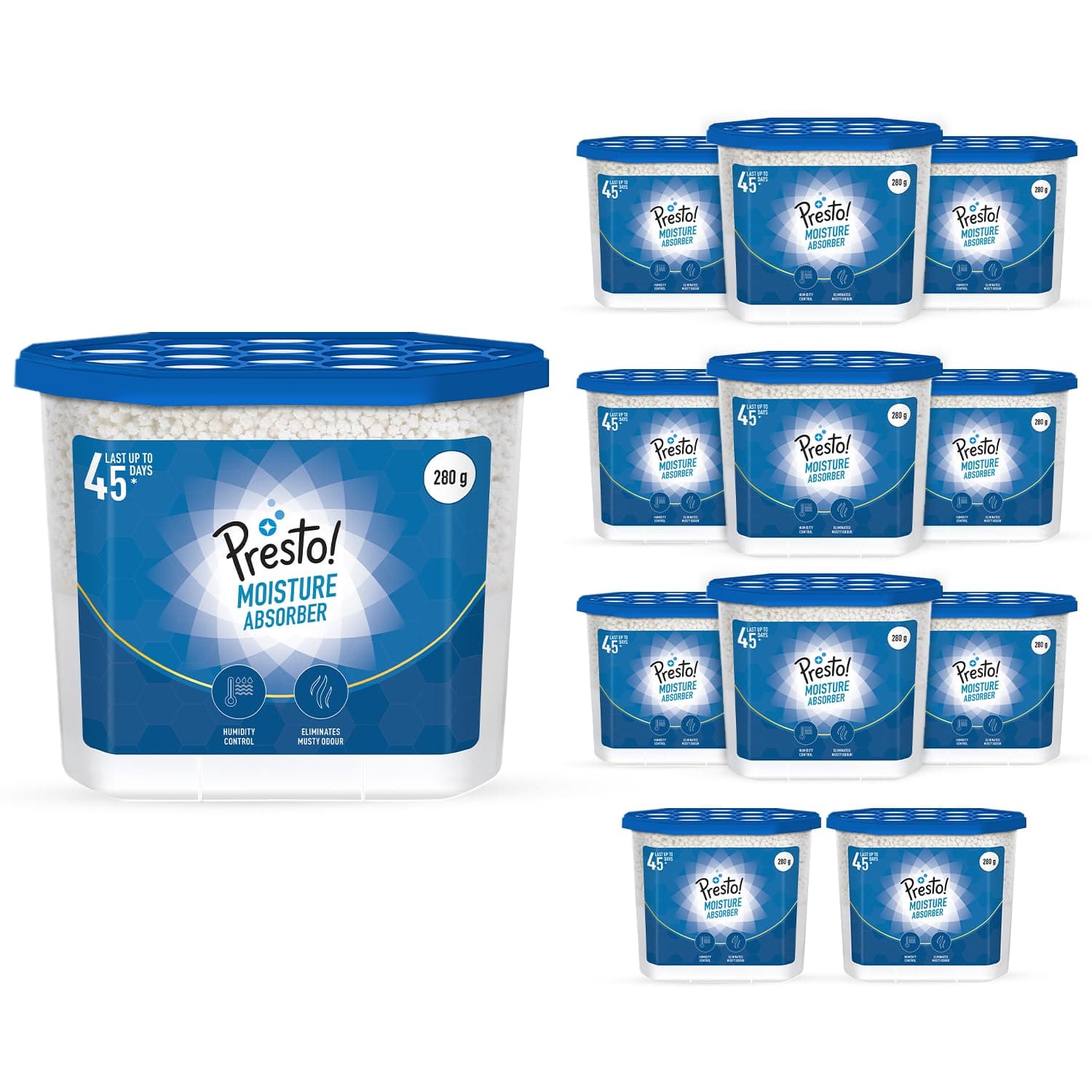 Amazon Brand - Presto! Moisture Absorber | 280g x Pack of 12 | Absorbs Up to 600Ml Each | Eliminates Musty Odour | Effective for 45 Days