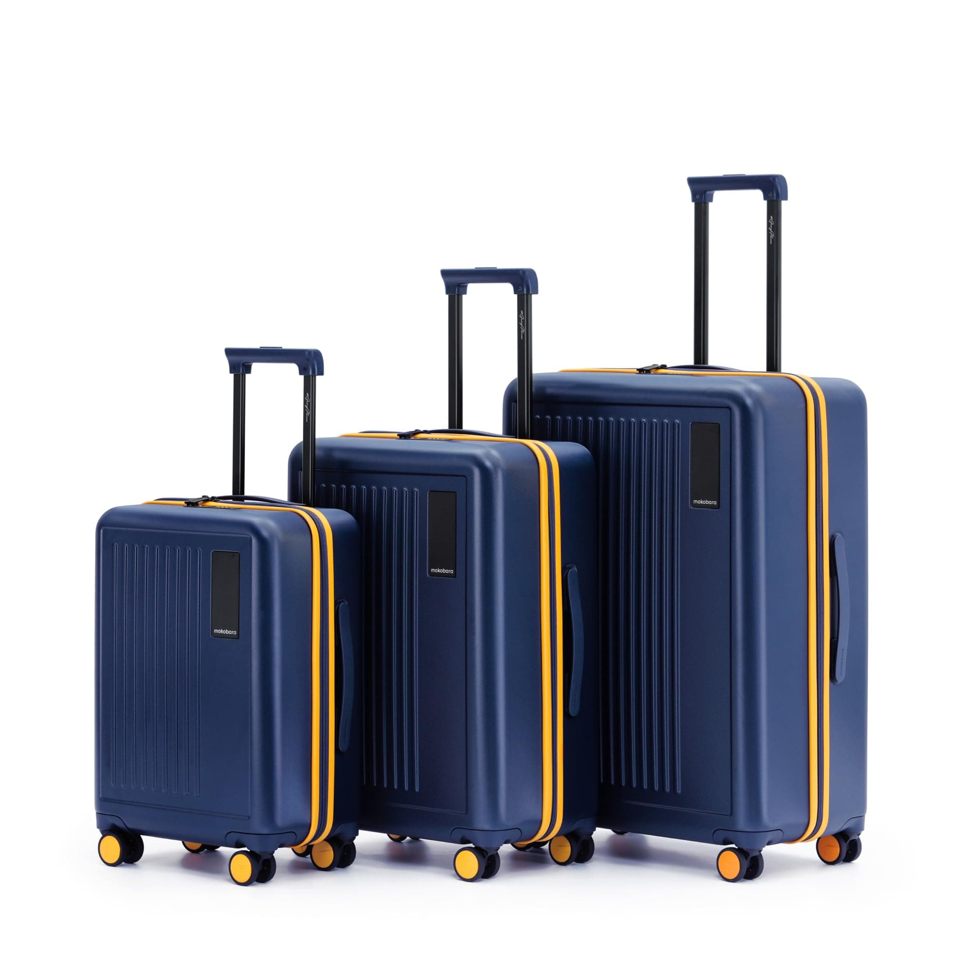 MOKOBARA Transit Set of 3 Luggage Trolley Bag,Cabin(40L)+Check-in(65L)+Check-in Large(100L),Polycarbonate Hardshell,360°Silent Wheels,YKK Zipper,for 30+ Days Travel,Blue&Yellow(We Meet Again Sunray)