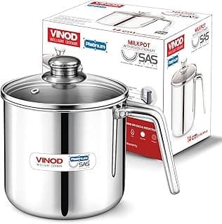 Vinod Platinum Triply Stainless Steel Milk Pot 14 cm (2 Litre) with Handle, Glass Lid & Steam Vent | Use as Milk Boiler & Milk Boiling Pot, Tea Pan and Coffee Warmer | Gas & Induction Compatible