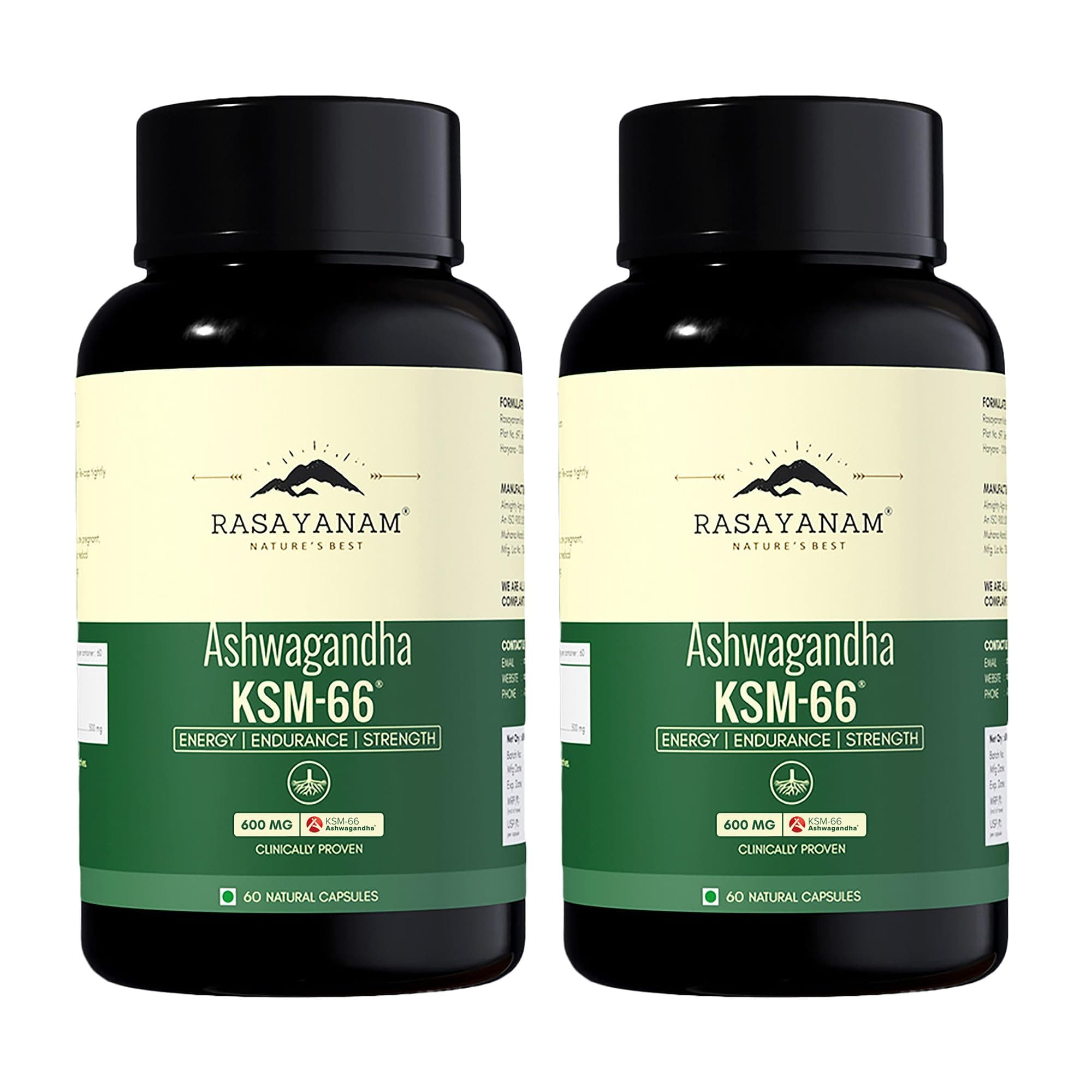 Rasayanam Ashwagandha KSM-66® | Clinically Proven 600mg Dosage | 5.1% Withanolides for Max Results | 100% Pure Root Extract | Stress Relief, Energy & Recovery Support | World’s Strongest Ashwagandha | Pack of 2 ( 60 Capsules each )