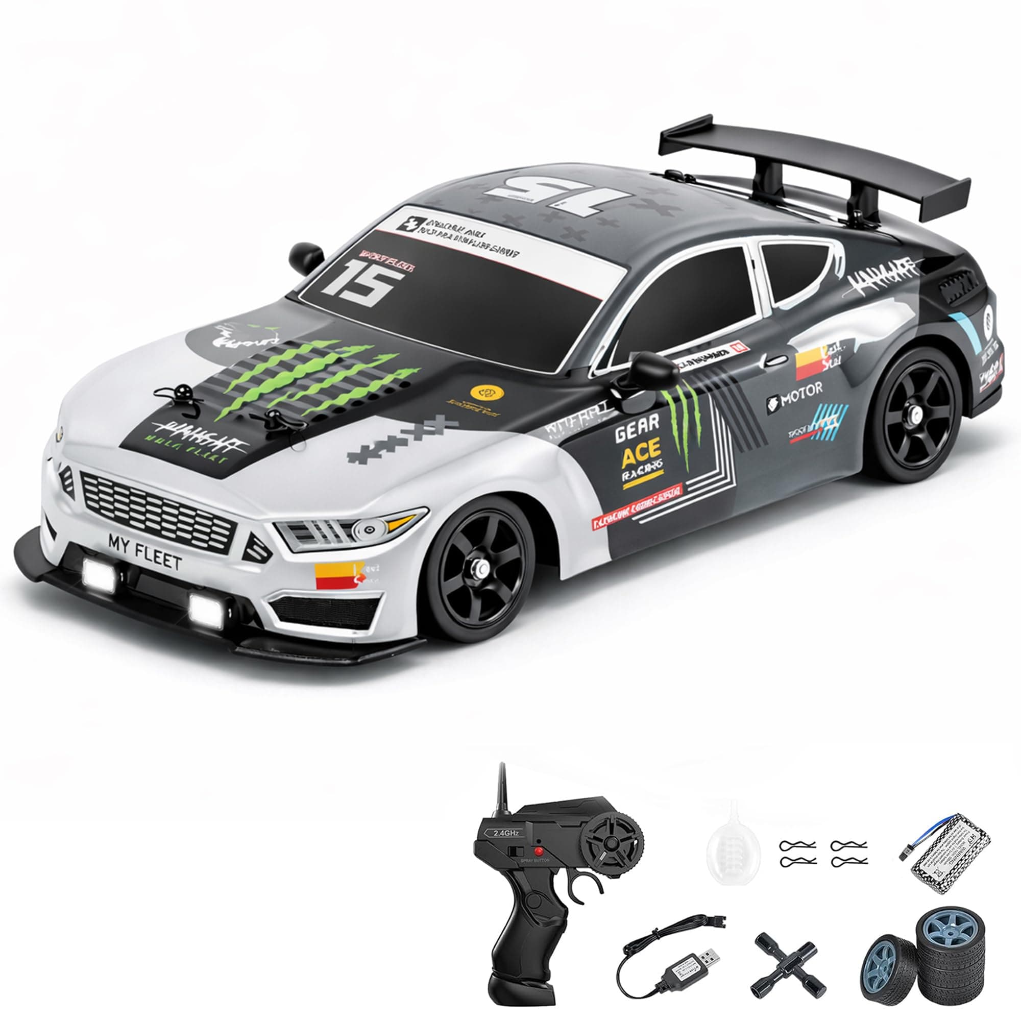 Zivvy Big Remote Control Car – Silver | 2.4G Drift Racing Car with 150 Meter Range, Smoke Effect, LED Lights & Music | Rechargeable RC Car Toy | Best Gift for Boys & Girls 2 3 4 5 6 7 8+ Years
