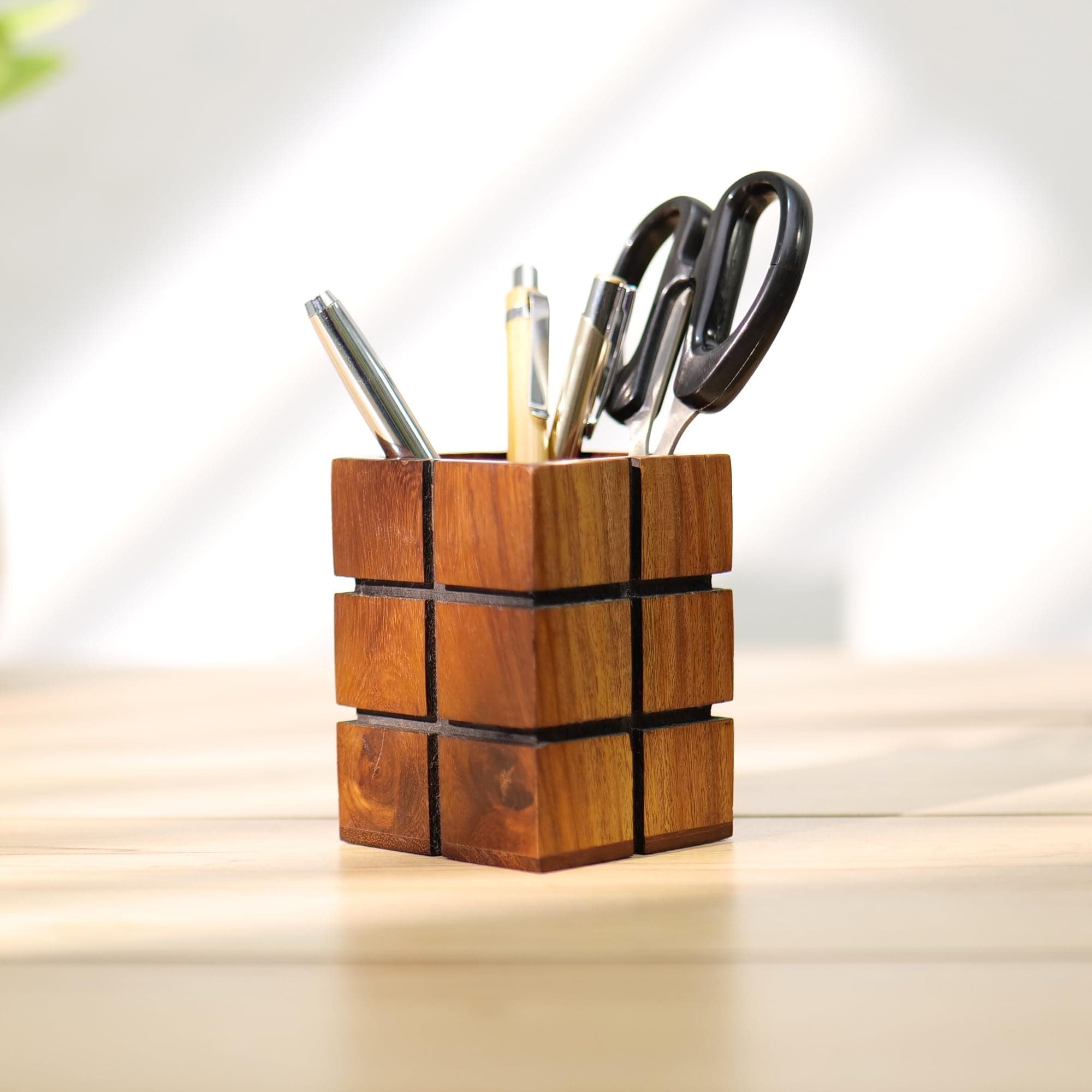 Hashcart Woode Pen & Pencil Holder For Desk - Pen Stand/Jar, Makeup, Toothbrush Organizer - Office/Home Table Decor (3x3 inch)