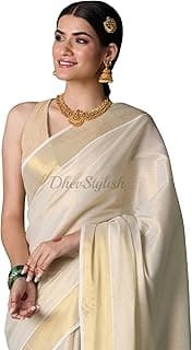 DhevStylish Women's Kerala Kasavu Golden Tissue Plain South Indian Saree with Running Blouse | Saree length: 6.25 Meters | Onam & Wedding saree collections