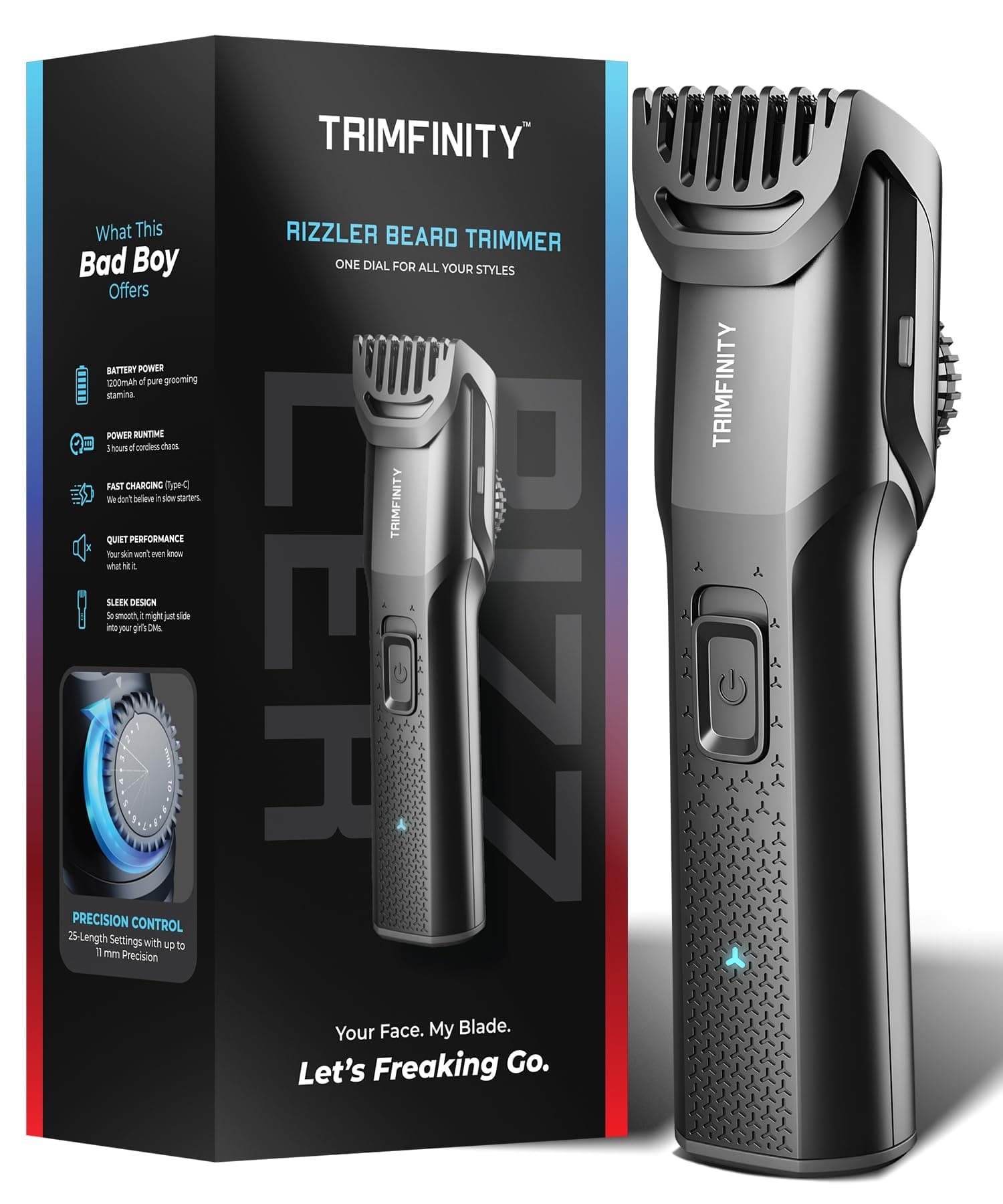 Trimfinity Rizzler Beard Trimmer for Men | Precision Control with 25 Length Settings up to 11mm | 1200mAh Lithium Battery | 3-Hour Runtime | Type-C Fast Charging | Low-Noise, Skin-Friendly Performance | Ergonomic Travel-Ready Design