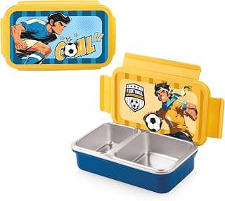 WARMEO Cosmic 3D Print Insulated Lunch Box with Two Compartment BPA Free, Kids Lunch Box,Food Grade Ideal for School, Picnic,& Outdoor - 600 ml Football, Stainless Steel