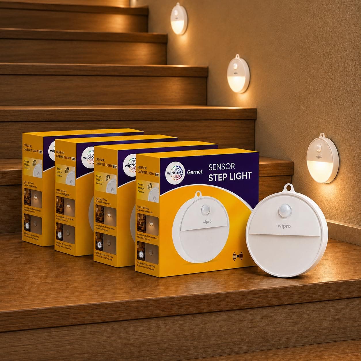wipro Garnet Motion Sensor Step Light | Warm White | Auto On/Off Lights for Stairs, Hallways & Pathways | Magnetic Stick On Base | Battery Required Separately (3*AAA) | PK 4