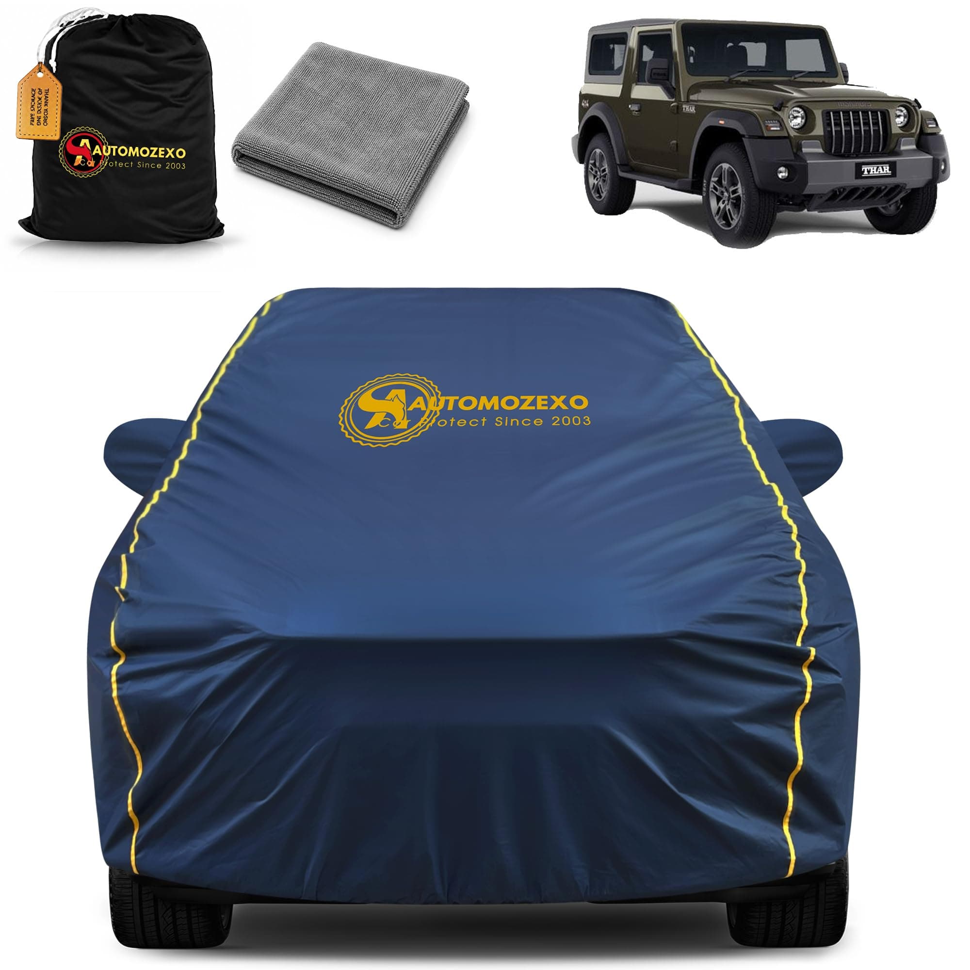 AUTOMOZEXO Mahindra Thar Roxx AX7L 100% Waterproof Car Cover for All Weather Protection with Mirror Pocket Inner Cotton Layer Triple Stitched Cover, Adjustable Belt Bottom Elastic to Secure Fit -Blue