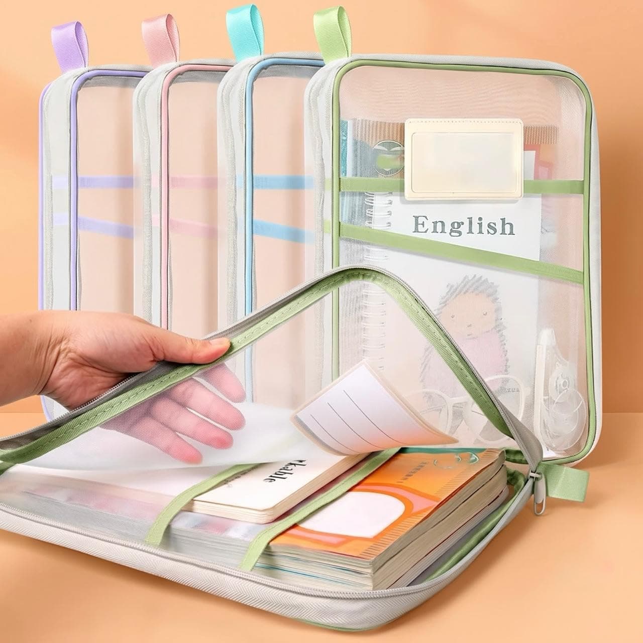 WEPTIX® (Pack of 2) A4 Mesh Zipper File Folder Organizer with 3-Layer Separation – Dustproof Document Bag with Label Pocket, Lightweight Portable Pouch for Office, School, Students Random Color- (2)