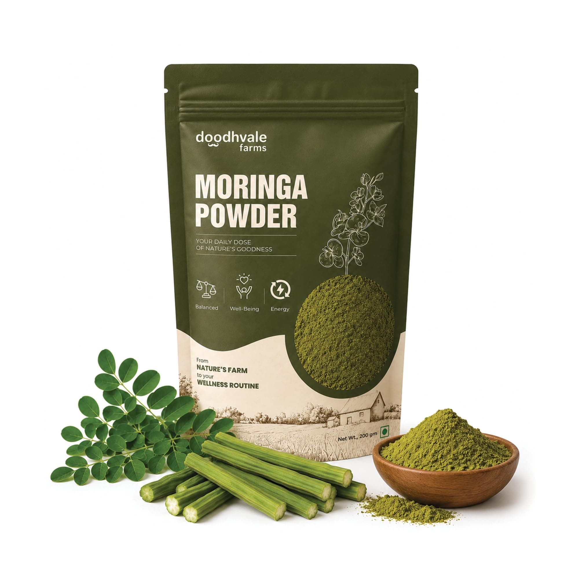 Doodhvale Farms Moringa Powder 200g | Farm-Fresh Organic Drumstick Leaf Powder | Rich in Vitamins, Minerals & Antioxidants | Boosts Immunity & Energy | Vegan, Chemical-Free Superfood