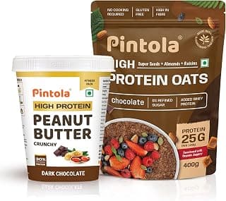Pintola High-Protein Combo: Dark Chocolate Crunchy Peanut Butter 510g & 22g High Protein Dark Chocolate Oats 400g | No Refined Sugar, Gluten-Free | With Almonds, Raisins, Pumpkin & Chia Seeds
