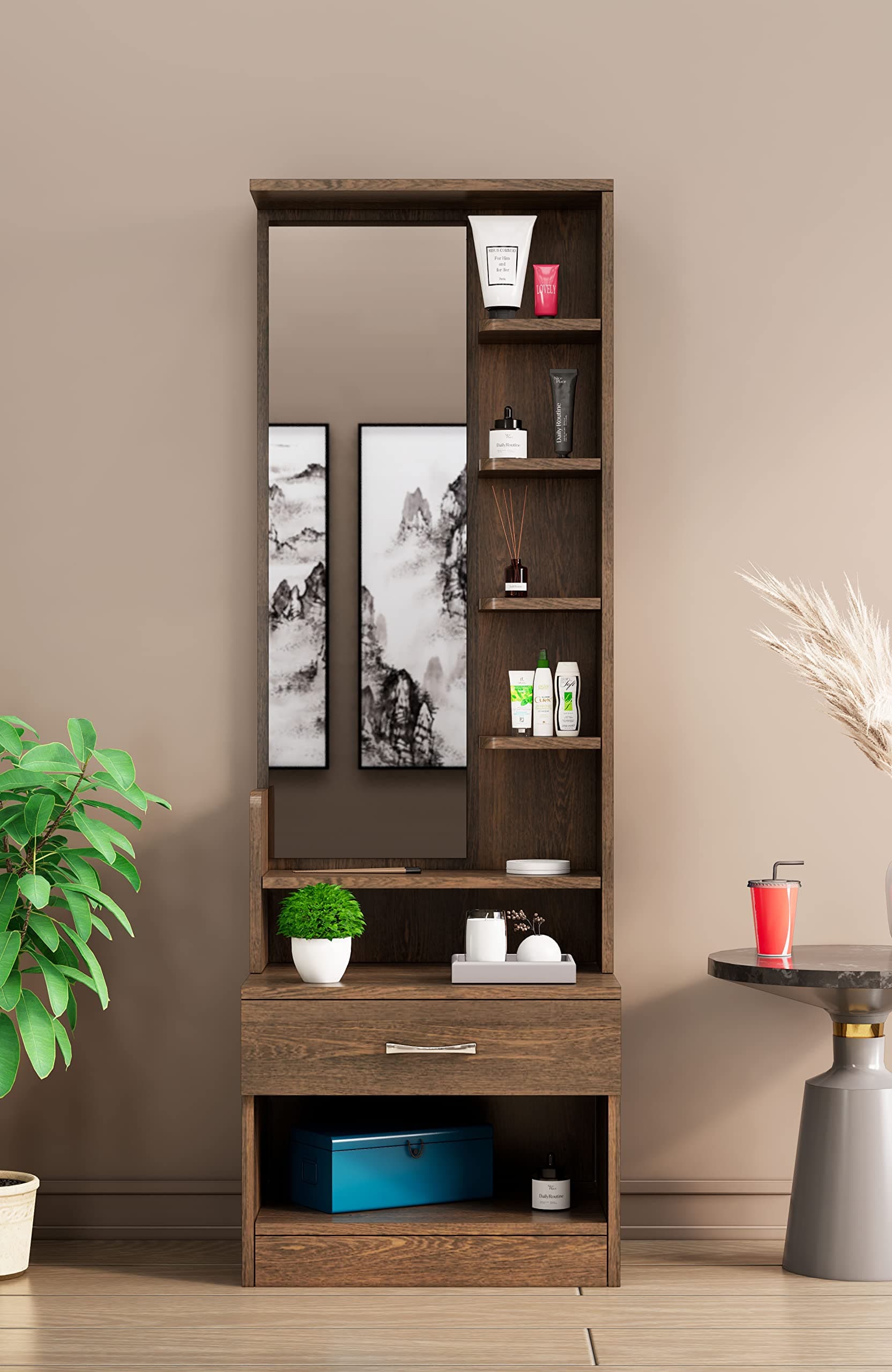 Bniture Wooden Dressing Table for Bedroom with 1 Drawer, Mirror and Huge Storage Space | Long Dresser Vanity Table with Mirror (42D x 60W x 180H CM) | 1 Year Warranty (Flower Wenge, HXDR102)