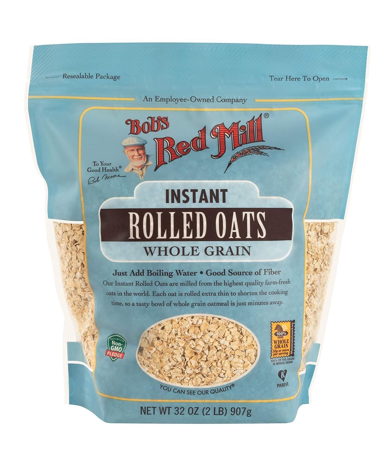 Bob's Red Mill Instant Rolled Oats, Whole Grain Oats, High Fiber Breakfast Oats, Quick Cooking Oatmeal, Non-GMO, Just Add Boiling Water, Healthy Breakfast Cereal, Resealable Pack, 907g