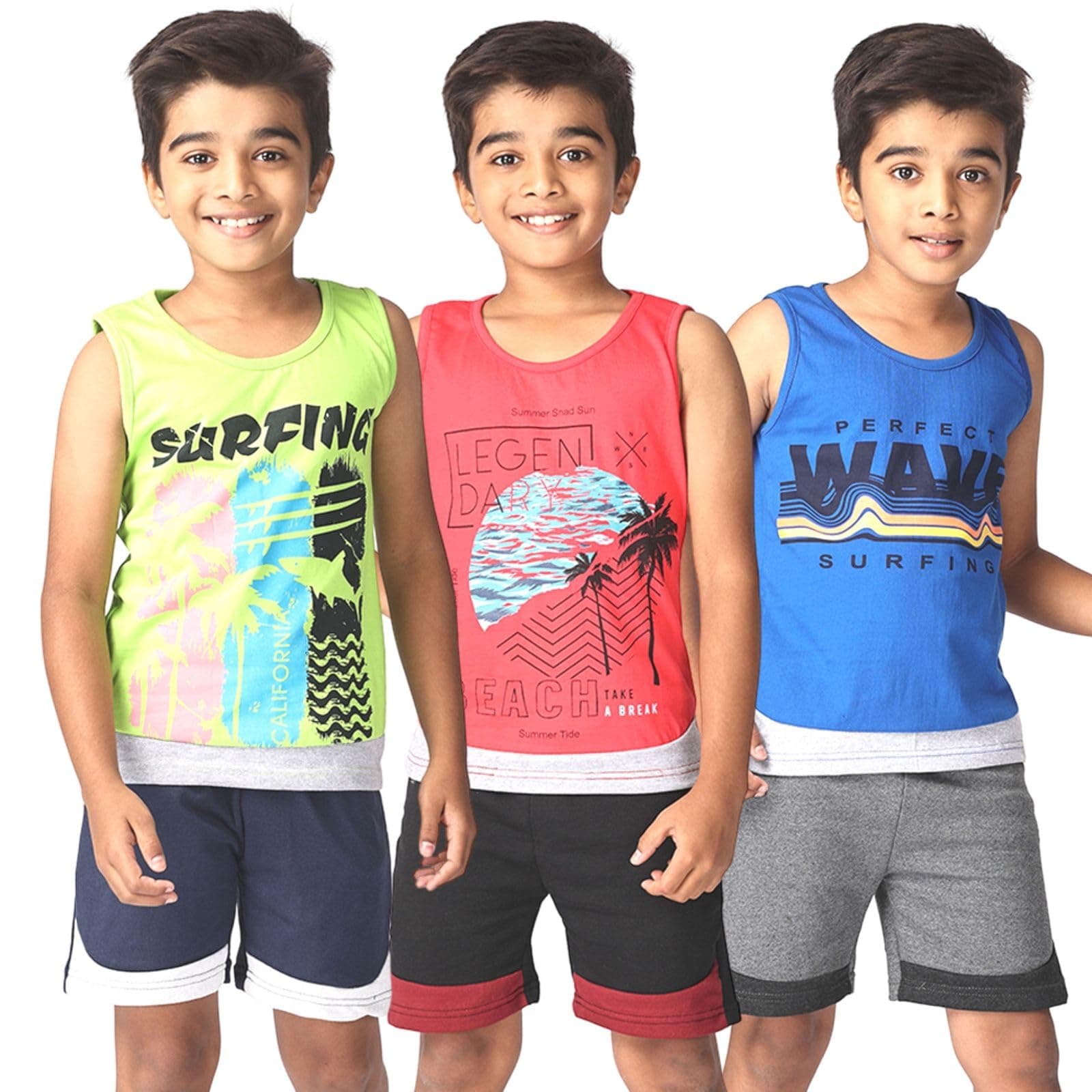 TotzTouch Kids Dress For Boys T shirt | Shorts Set Summer Dress Cotton Sleeveless Tee Shirt Half Pants Clothing Set (Colors Blue, Red, Green Tops & Navy, Black, Grey Shorts) Age 1 years to 15 years
