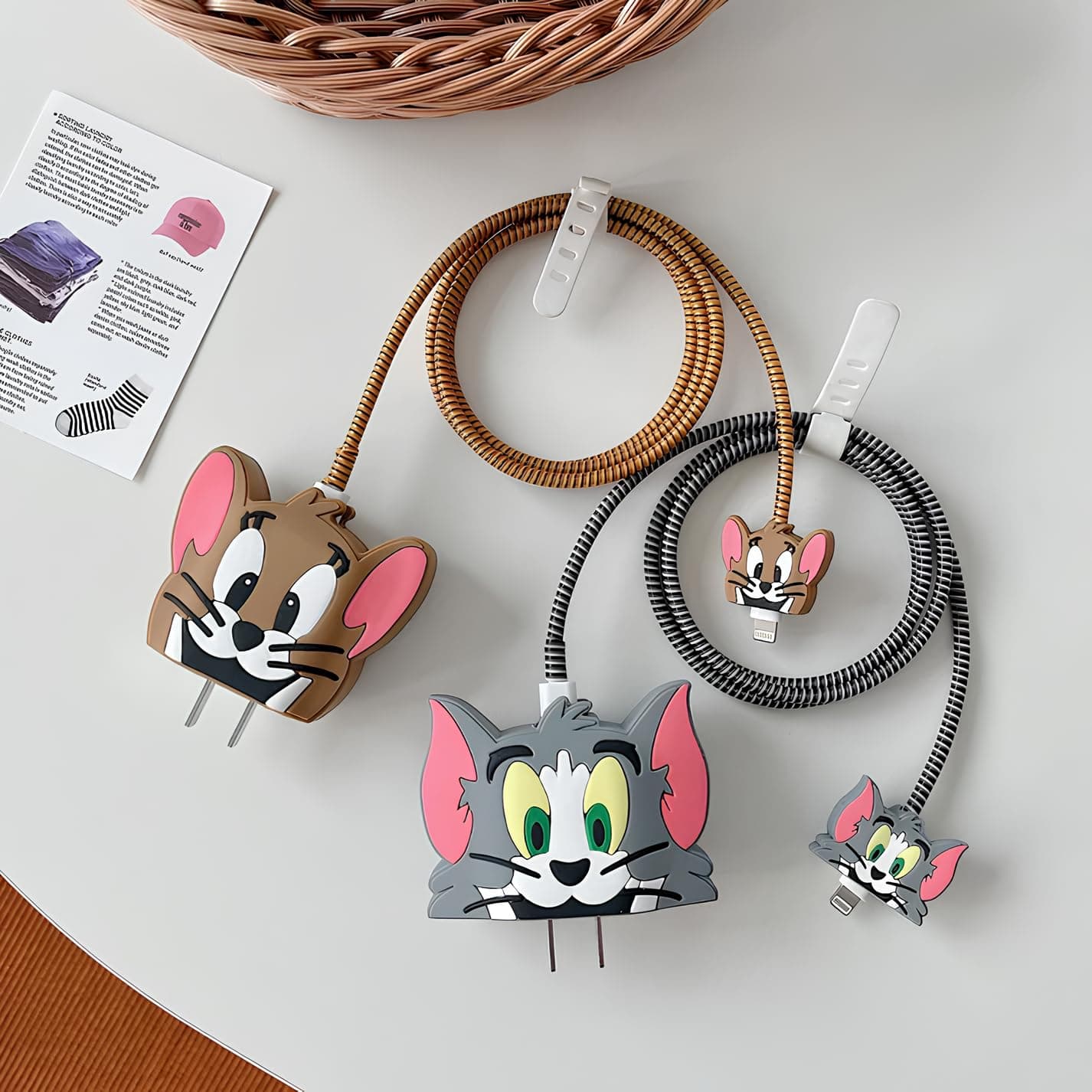skysia® Charger Protector Case – 4-in-1 Silicone Cable Protector, Cute Design, Multi-Color Combo, for 18W-20W iPhone Adapters, 2-Pack (Tom & Jerry)