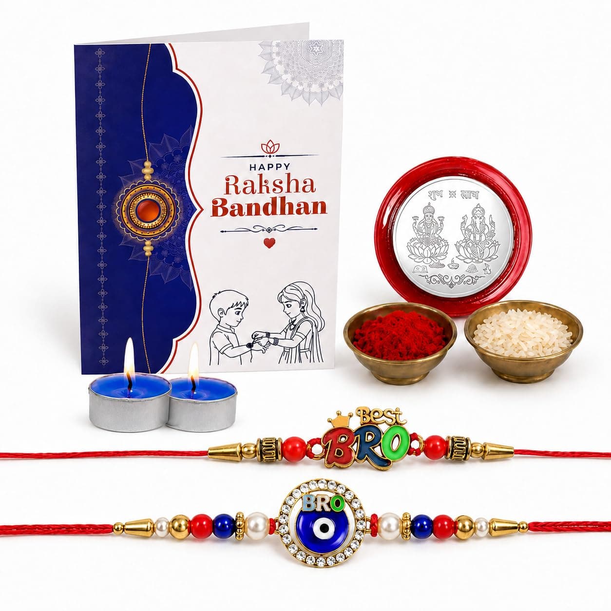 Oblivion Rakhi with Tea Light for Brother – BRO & Evil Design Stylish Rakhi with 2 Pcs Tea Light Candle, Greeting Card, Silver Pooja Color Coin & Tilak Set – Traditional Raksha Bandhan Festive Combo Pack