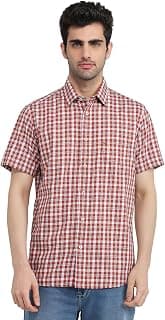 Colorplus Men Regular Fit Checks Pattern Pure Cotton Plain Collar Half Sleeve Casual Shirt Orange