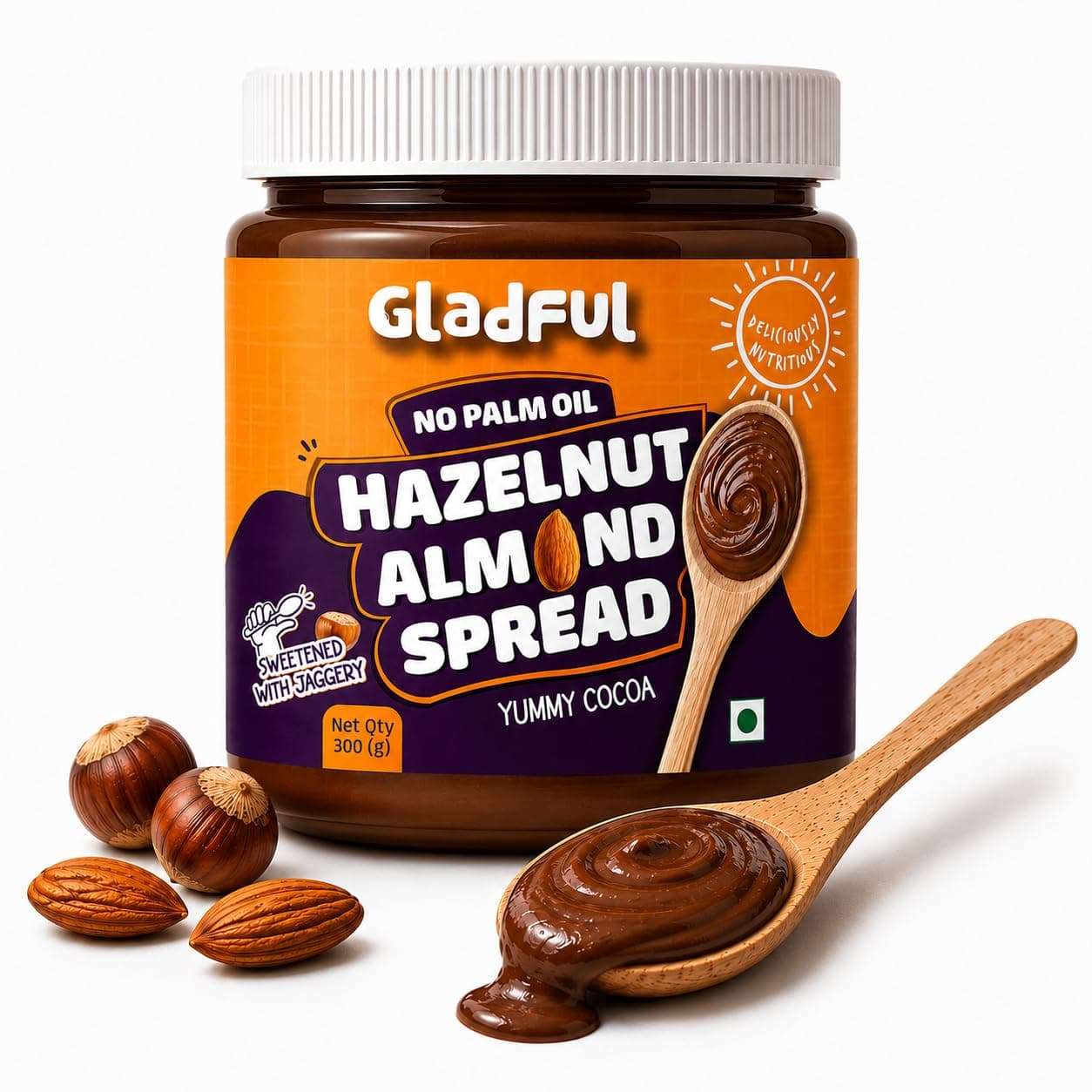 Gladful No Palm Oil Hazelnut Almond Chocolate Spread | 300g | No Refined Sugar | Healthy High Protein Nut Butter Spread | Clean Ingredients | Chocolatey & Nutty Healthy Spread