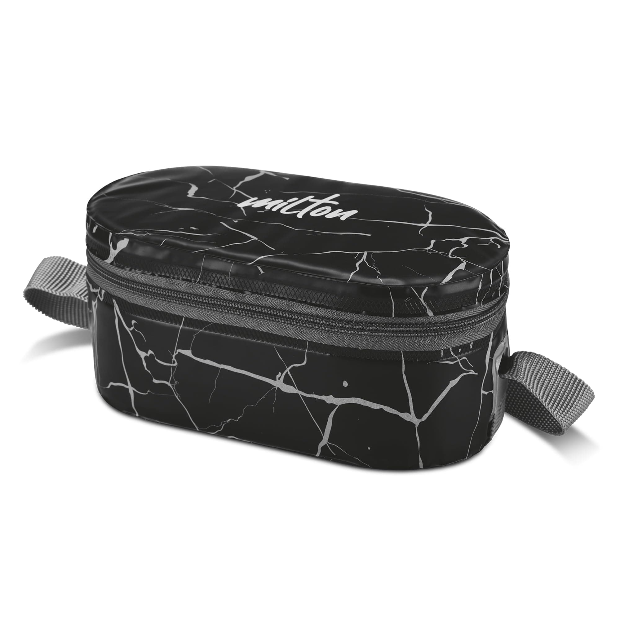 MILTON Executive Lunch Box with Steel Cutlery, 2 Inner Steel Round Containers 280ml Each & 1 Microwave Safe Oval Plastic Container 450ml, Insulated Bag, Leakproof Office Tiffin, Easy to Carry, Black