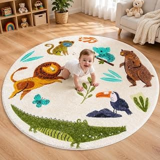 Kids Nursery Rug Round Animal Play Mat, Soft Baby Floor Carpet, Non-Slip Machine Washable Toddler Play Mat, Educational Activity Rug for Bedroom, Playroom & Reading Area (118 * 118cm)