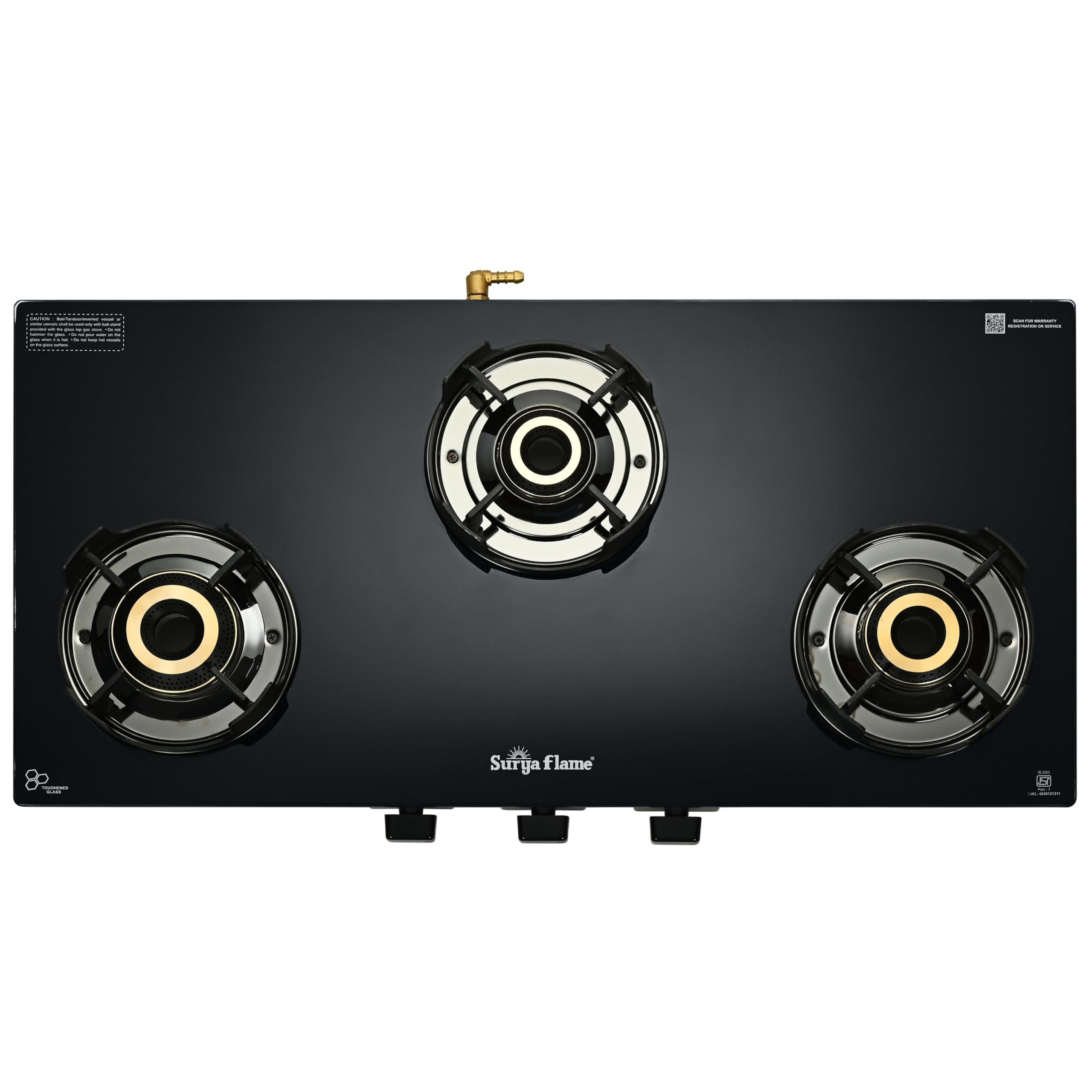 Surya Flame Neo Turbo Gas Stove 3 Burners | 5 Years Warranty | 3 Burner Gas Stove Glass Top, Stove 3 Burner, ISI Certified, 6G Brass Burners with Jumbo Burner, Flame Guard Pan Support & Metal knobs