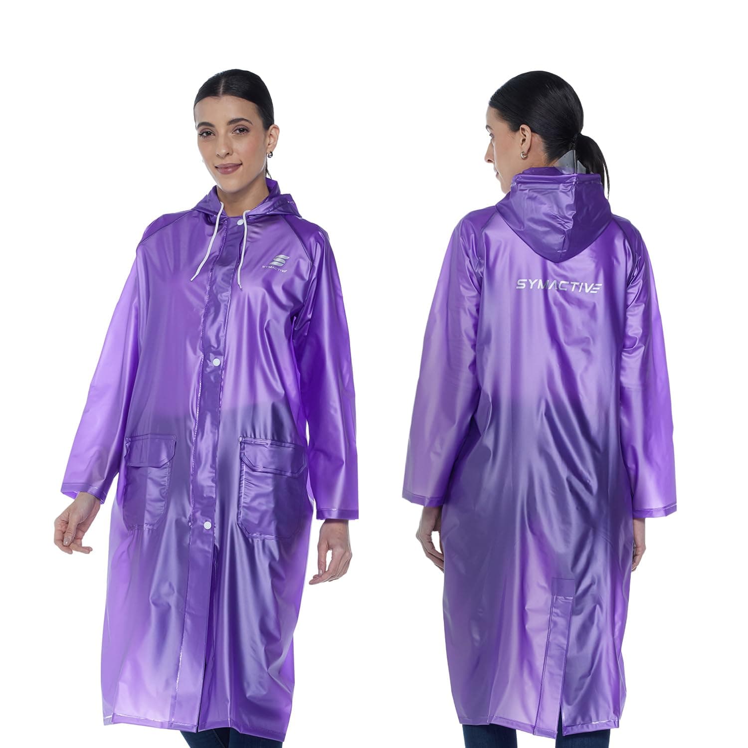 Amazon Brand - Symactive Women's Raincoat | Waterproof Lightweight One Piece PVC Long Coat with Hood | Snap Buttons | Side Pocket | Drawstring Hood | Purple, M