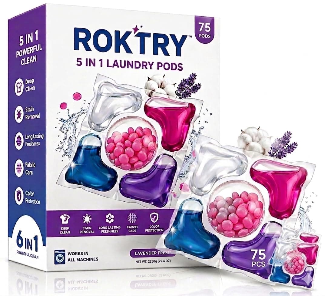 ROKTRY Pack of 75 5-in-1 Laundry Pods Dissolvable Magic Liquid Detergent Combo Tough on Stains, Fabric & Color Care Fighter for Top & Front Load Washing Machines | Floral And Fresh Fragrance