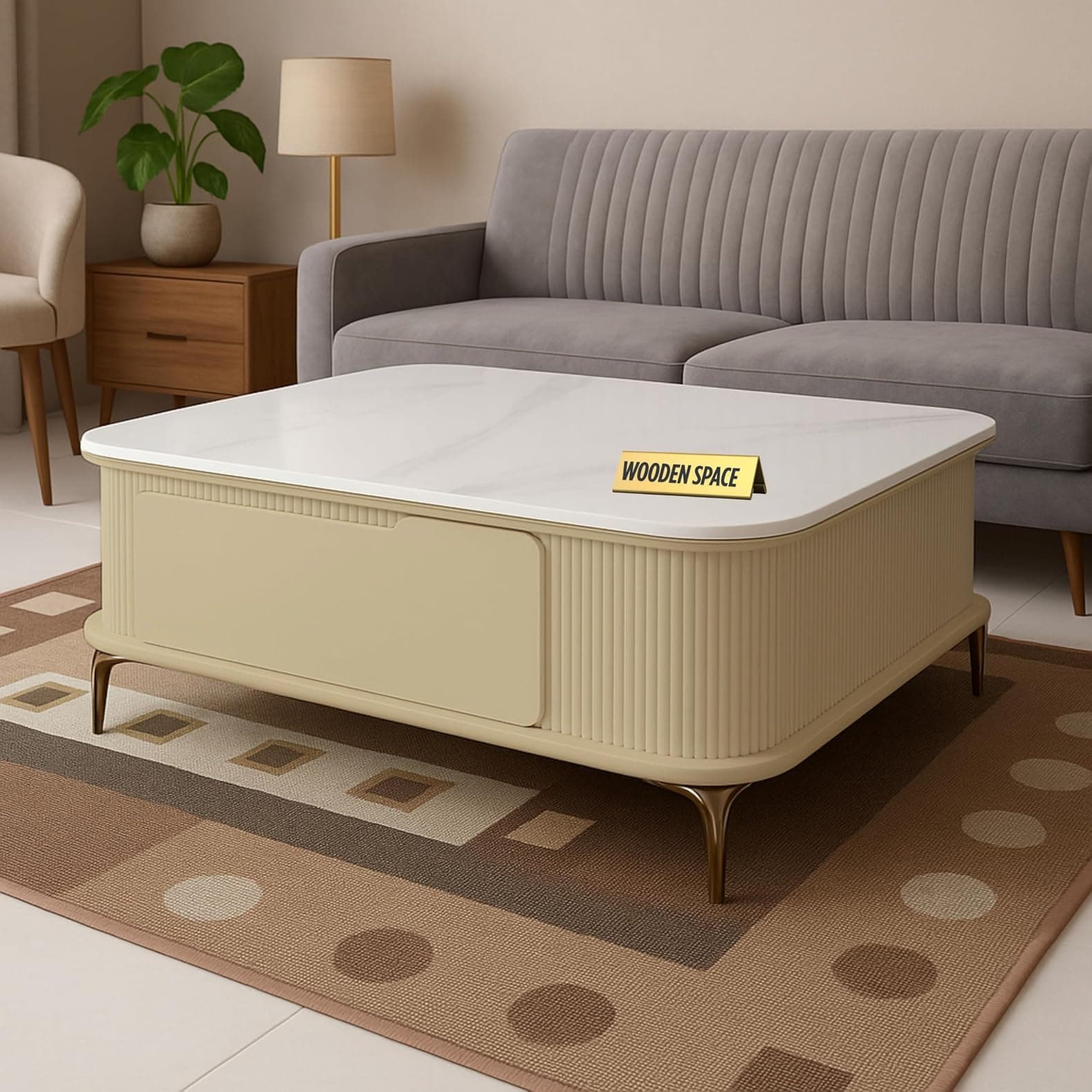 WOODEN SPACE Premium Solo Marble-Top Wooden Center Table for Living Room | Iron Legs | PVD Coating | Modern Entryway Furniture | Coffee Table (Ivory)
