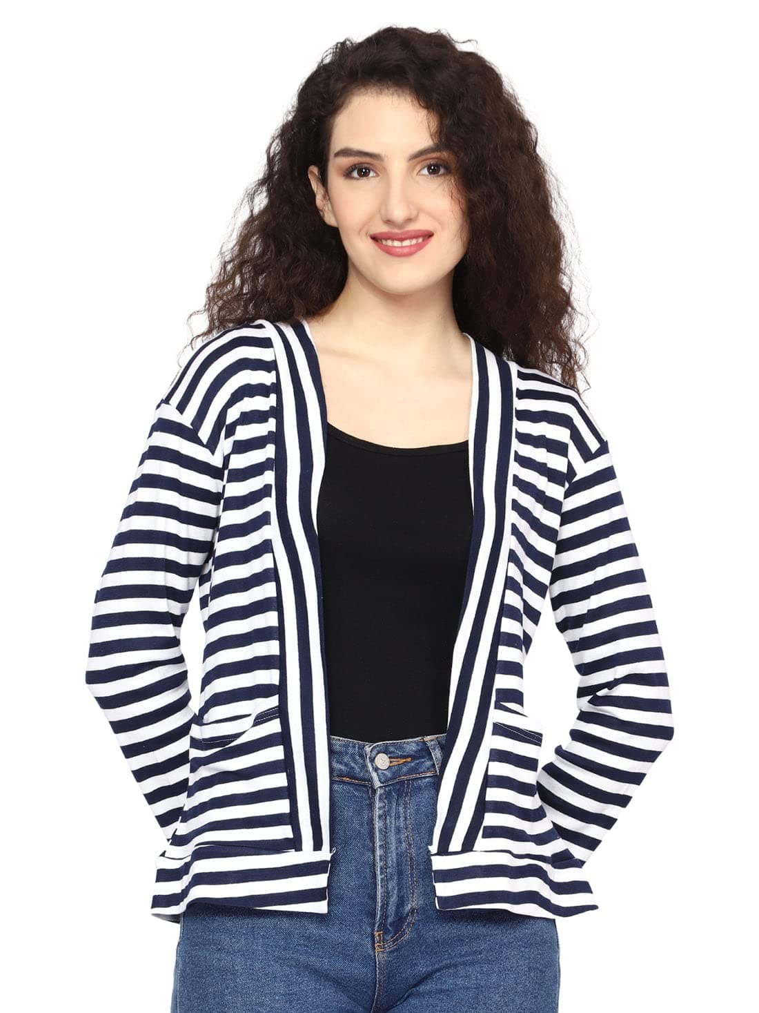 Nora Nico Women Cotton Striped Full Sleeves Jacket Poncho,Summer Shrug -3XL Navy-White