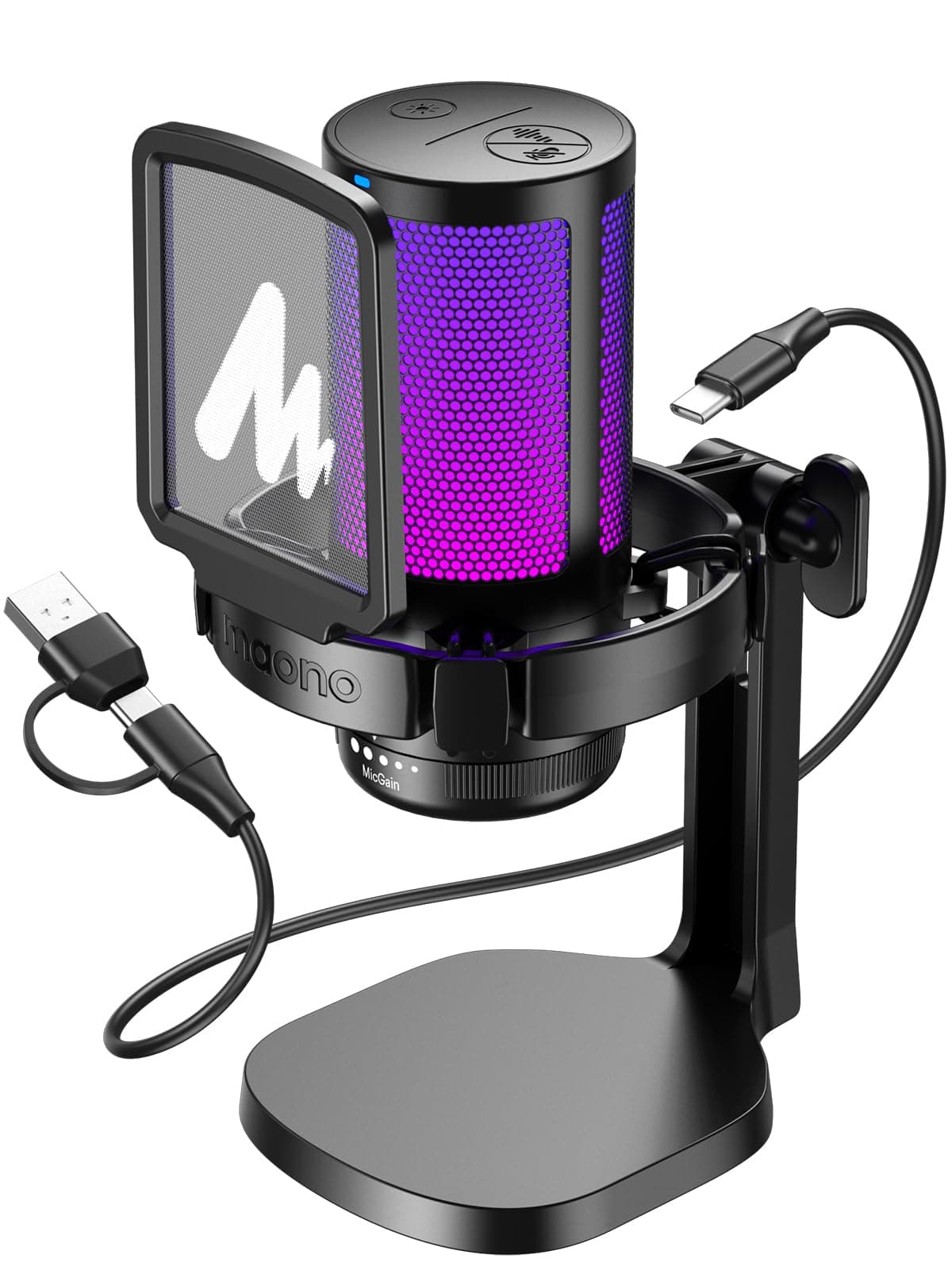 MAONO RGB Condenser Gaming Mic, USB Podcast Microphone with Noise Cancellation, Mic Gain, 1-Click Mute, Adjustable RGB Light for YouTube Recording, PC, Laptop (DGM20-Black)