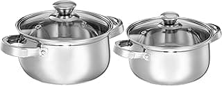 Amazon Brand - Solimo Set of 2 Stainless Steel Cook and Serve Set | Glass Lid | Dishwasher-Safe, 2L 700 ml|Induction and Gas Stove Compatible