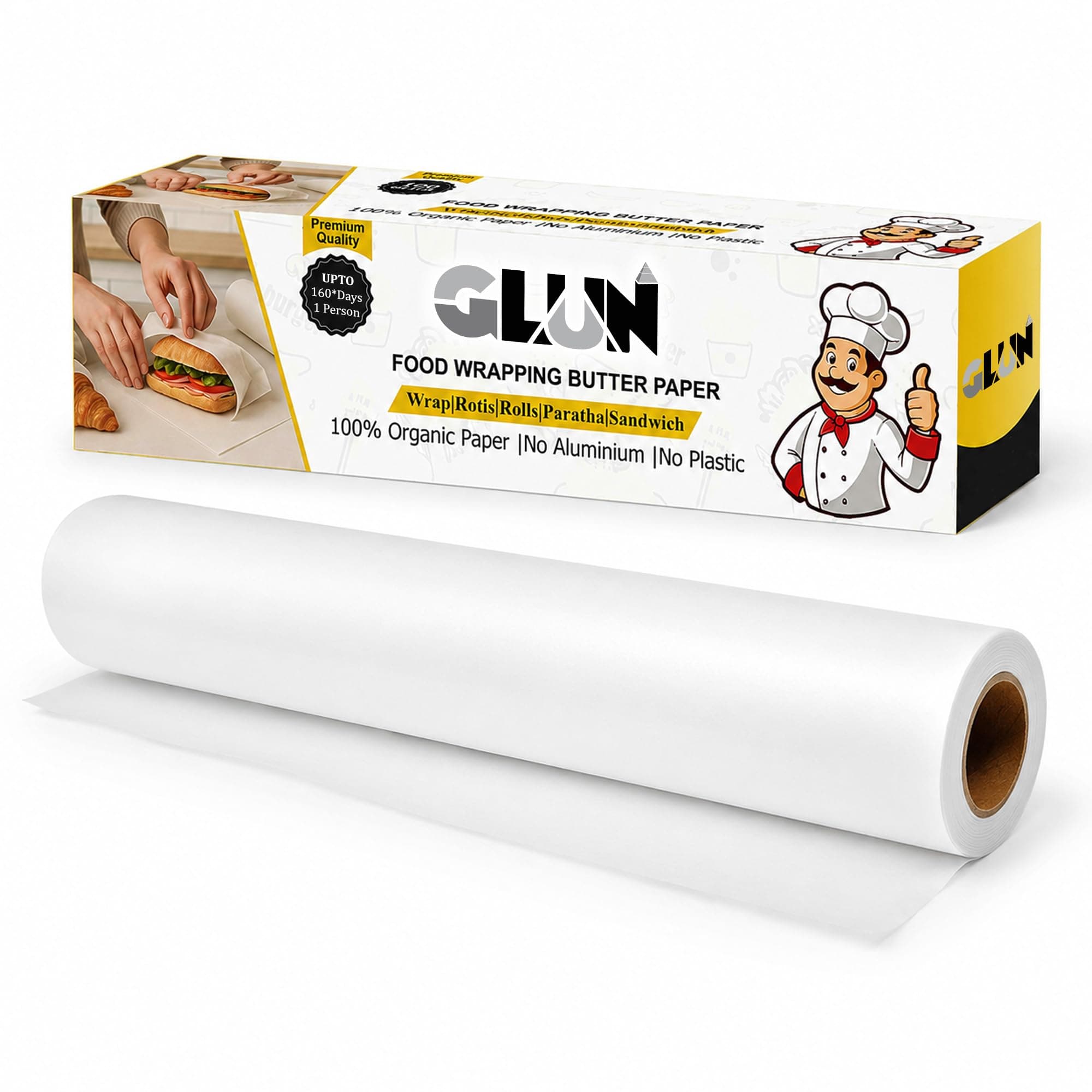 GLUN® 55Meter Roti Cover Wrapping Paper Roll, Non-Stick Back Food Wrapping Paper, Roti Wrapping, Baking Non-Stick, Re-Heatable, Oven Safe Paper