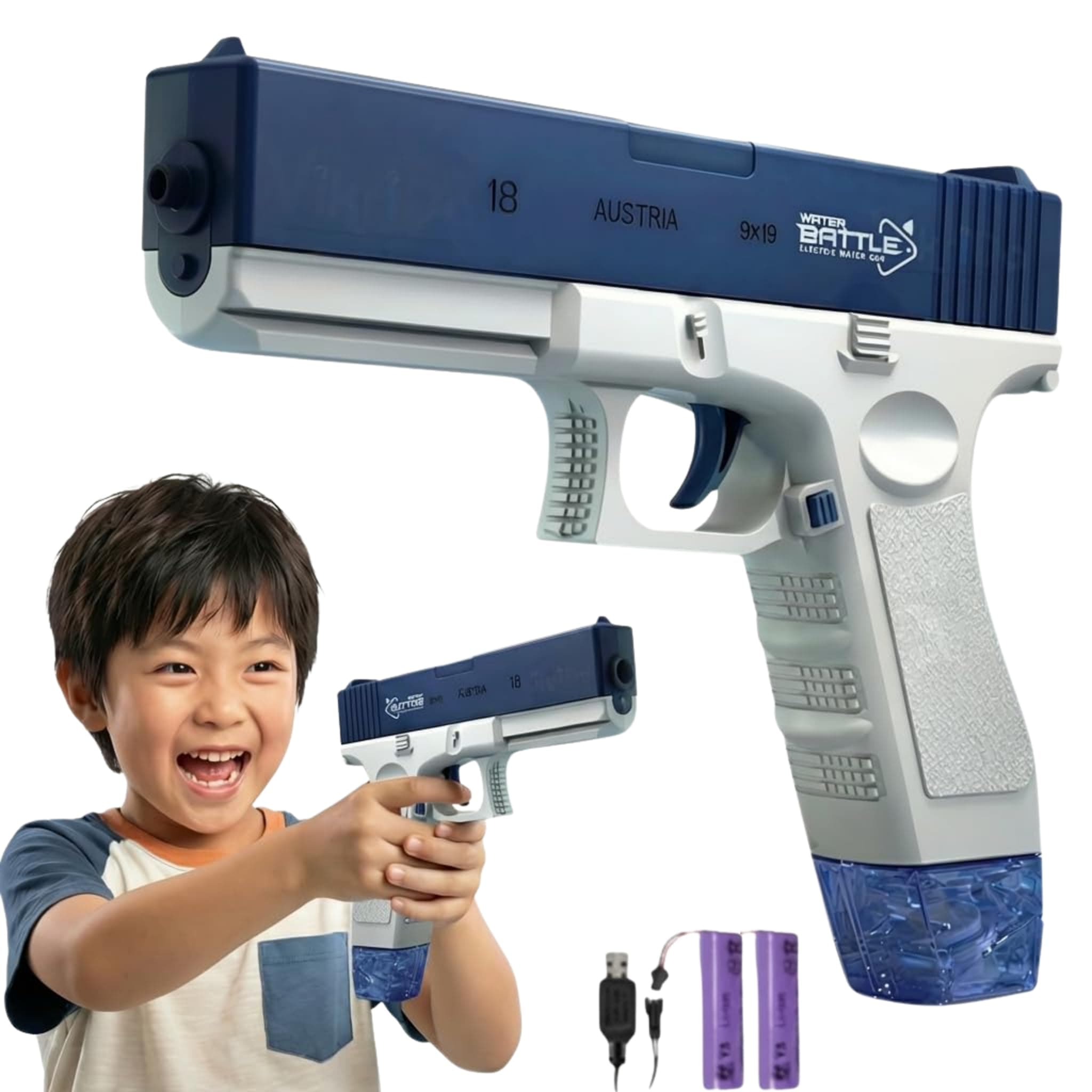 VikriDA High Pressure Electric Water Blaster with Free Extra Rechargeable Battery | 58CC Tank Automatic Water Gun | 25–32 ft Range Summer Toy for Pool & Beach – Blue